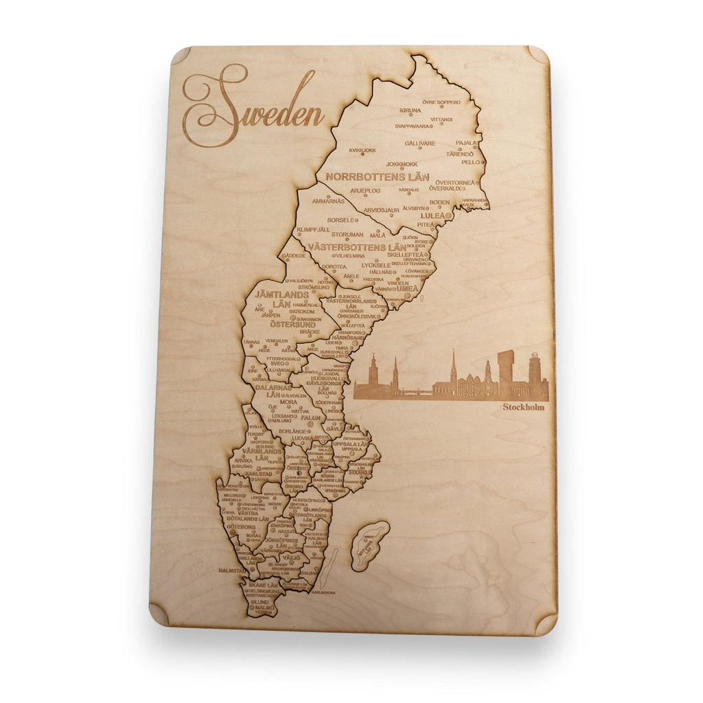 Sweden Puzzle Map - Art Kit - Raw Wood 12x18 Inches - 22 Pieces - With Stand
