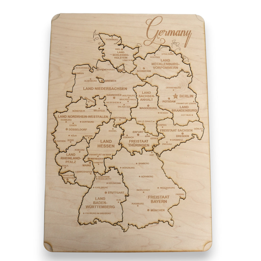 Germany Puzzle Map - Art Kit - Raw Wood 12x18 Inches - 16 Pieces - With Stand