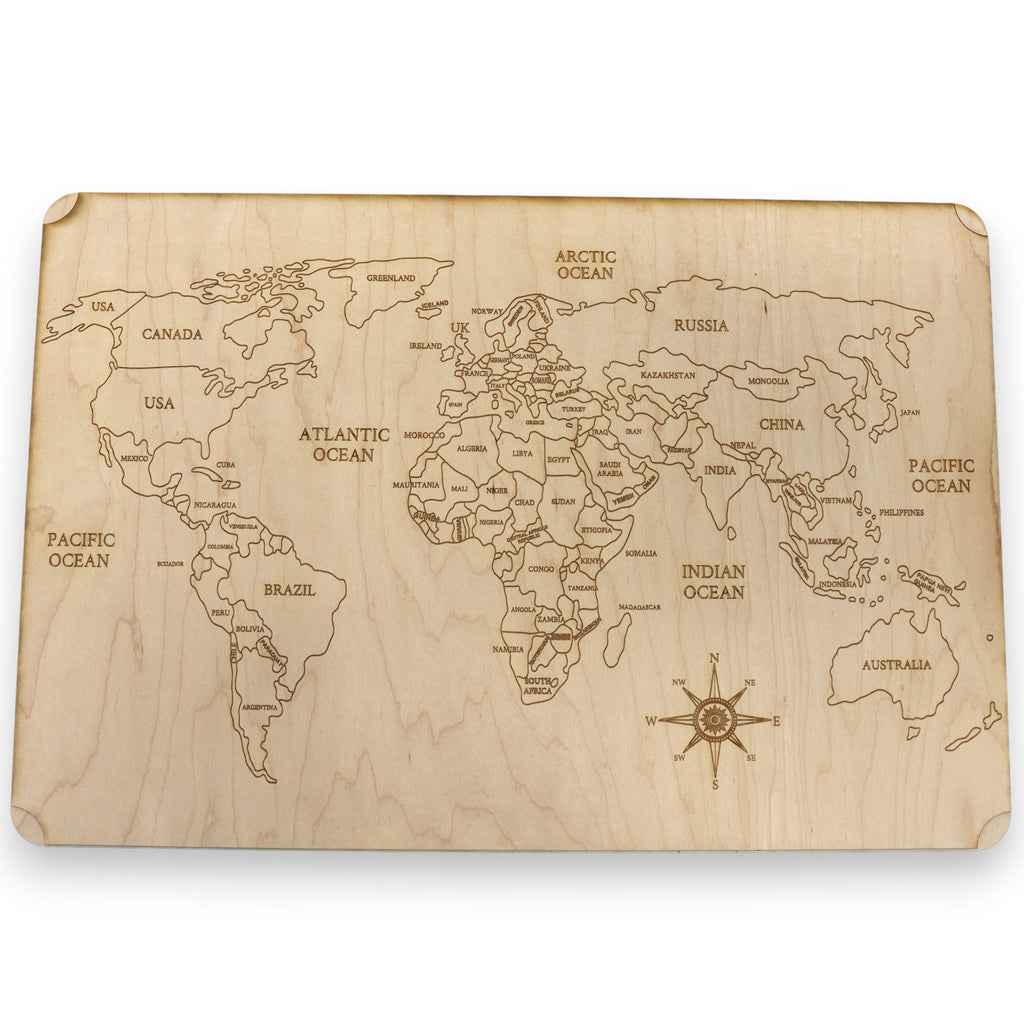 World Map - Art - Raw Wood 18x12 Inches - With Stand