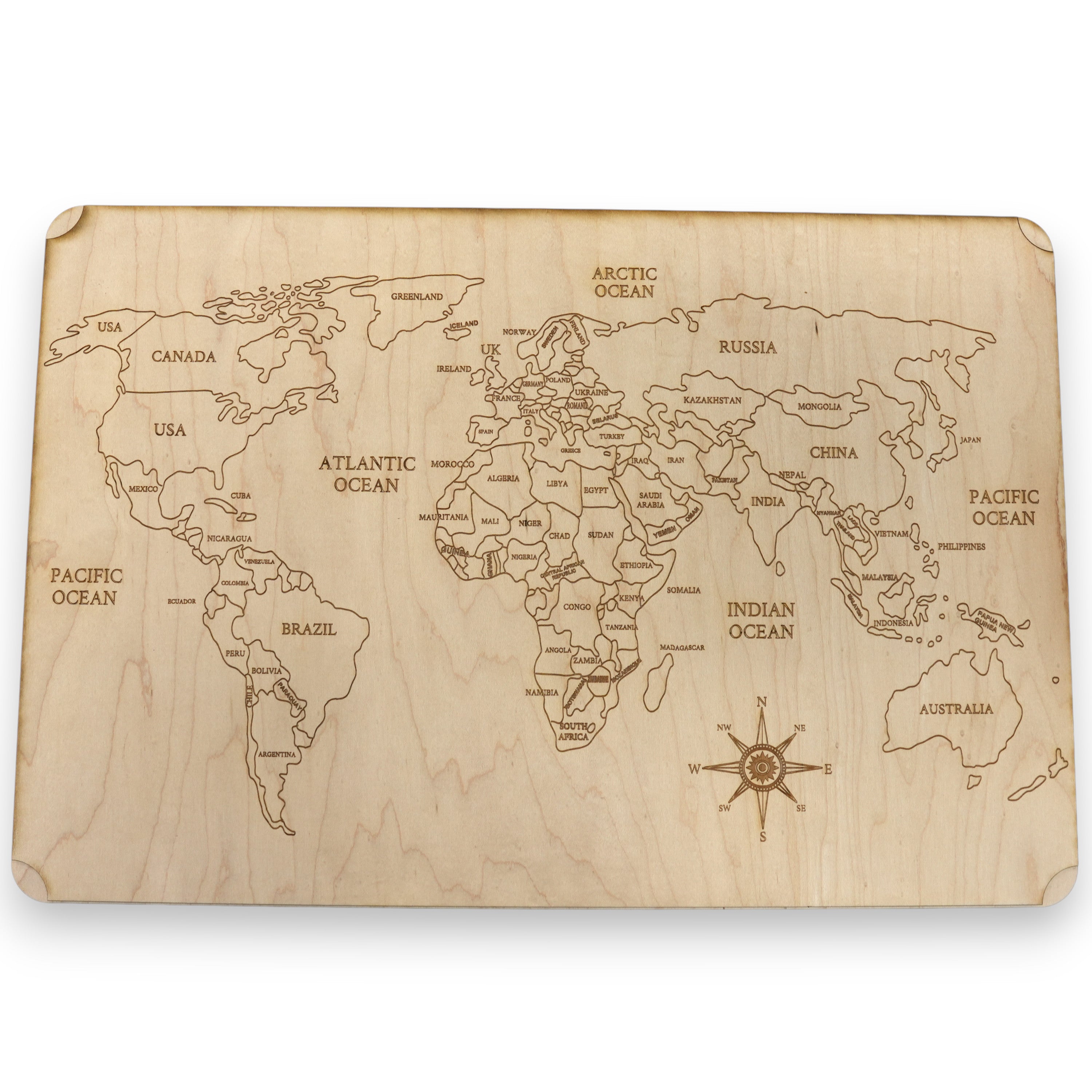 World Map - Art - Raw Wood 18x12 Inches - With Stand