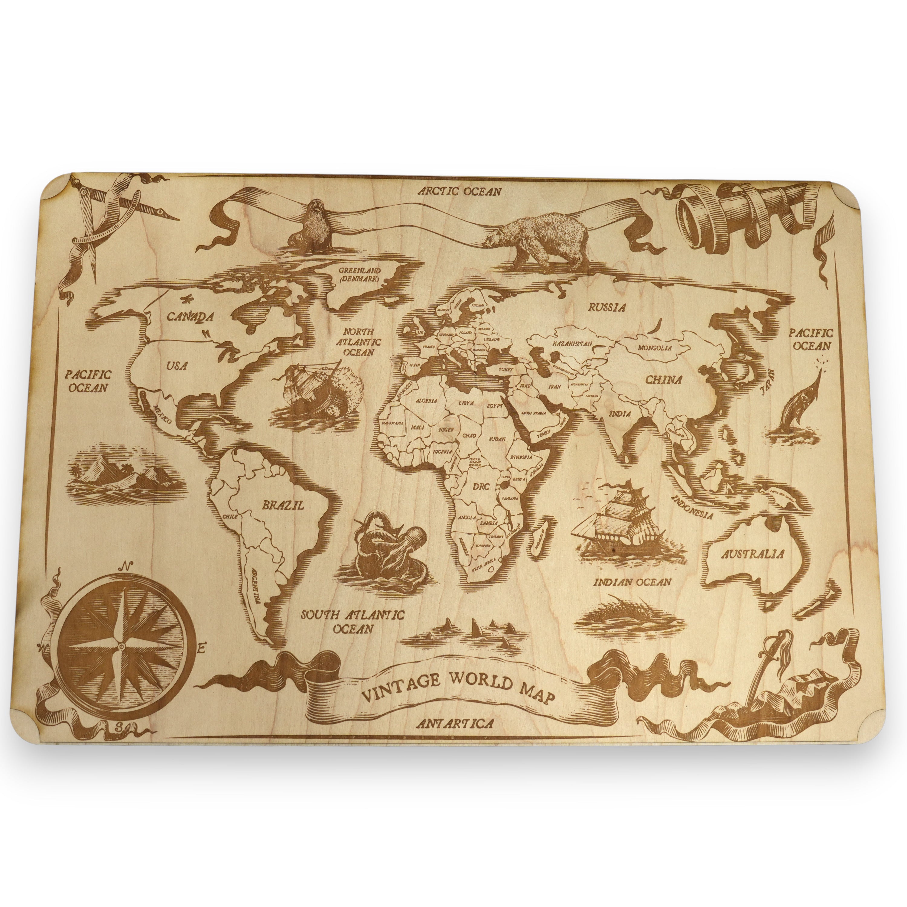 Vintage World Map - Art - Raw Wood 18x12 Inches - With Stand