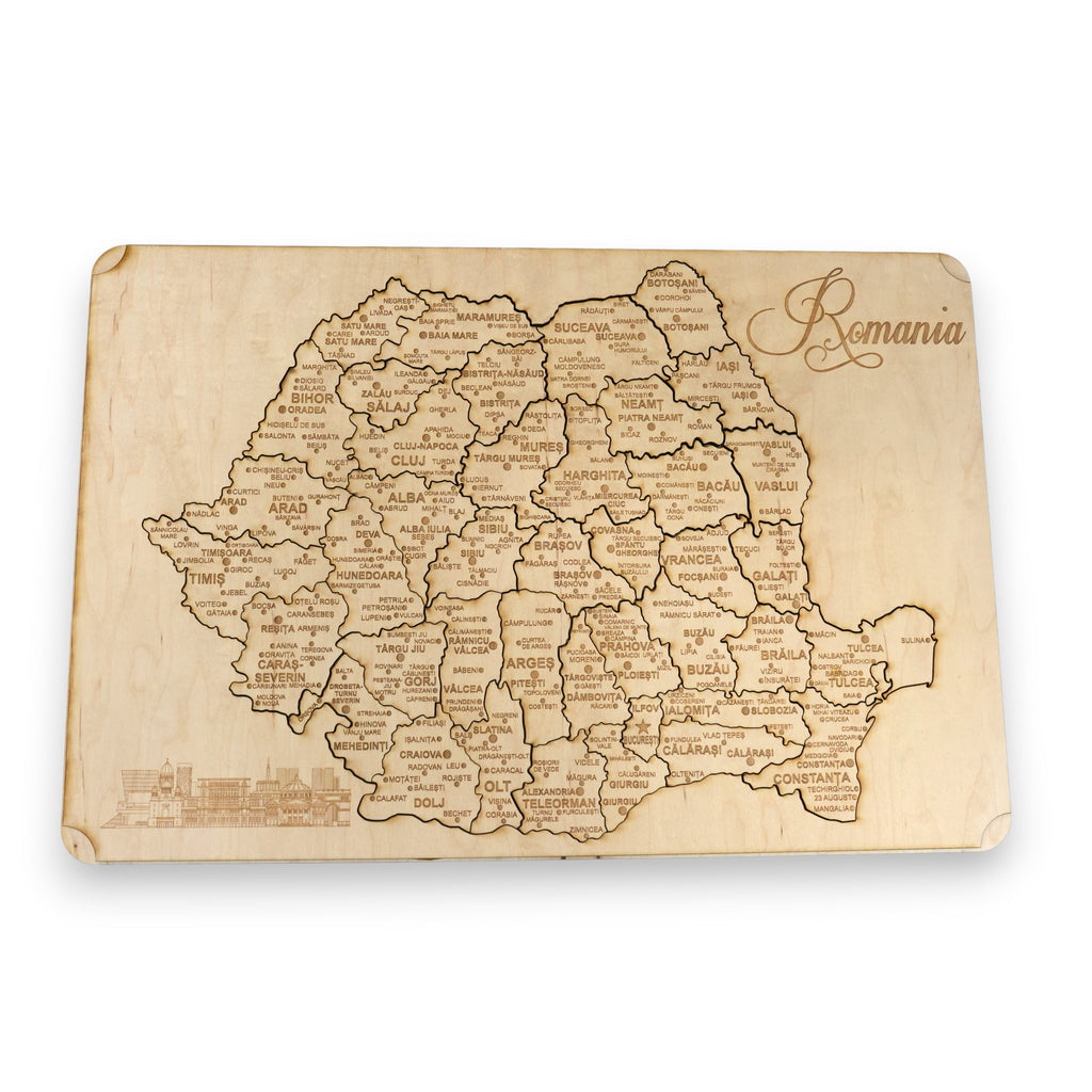 Romania Puzzle Map - Art Kit - Raw Wood 12x18 Inches - 42 Pieces - With Stand