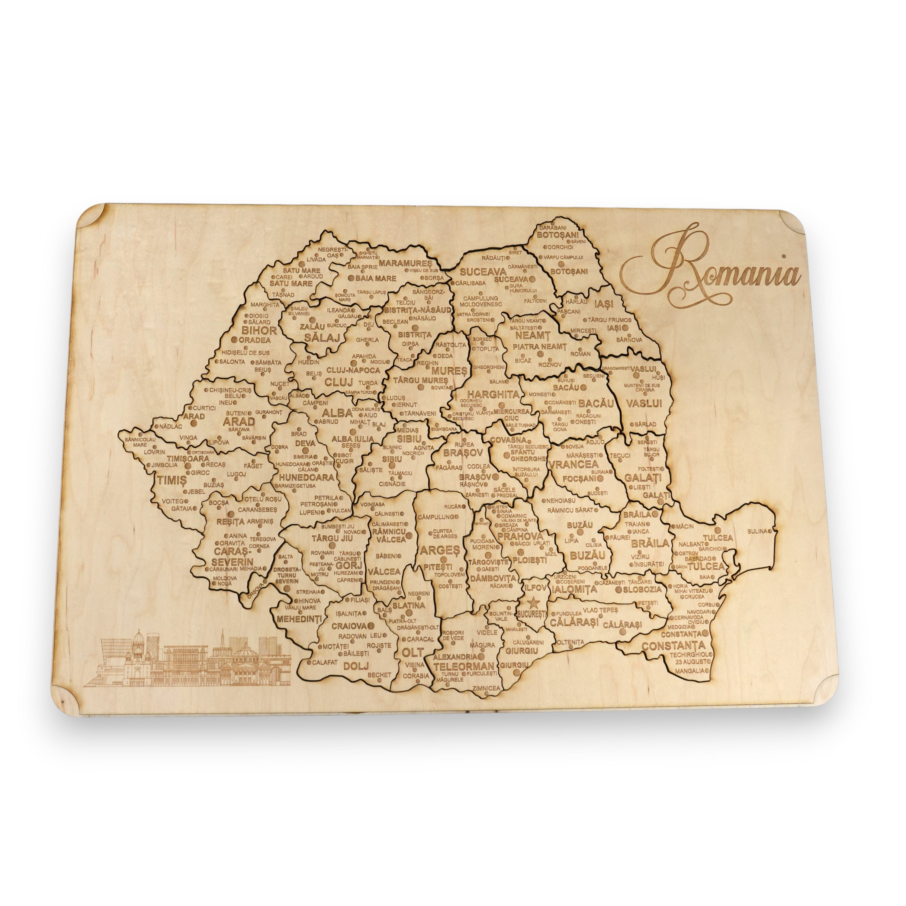 Romania Puzzle Map - Art Kit - Raw Wood 12x18 Inches - 42 Pieces - With Stand