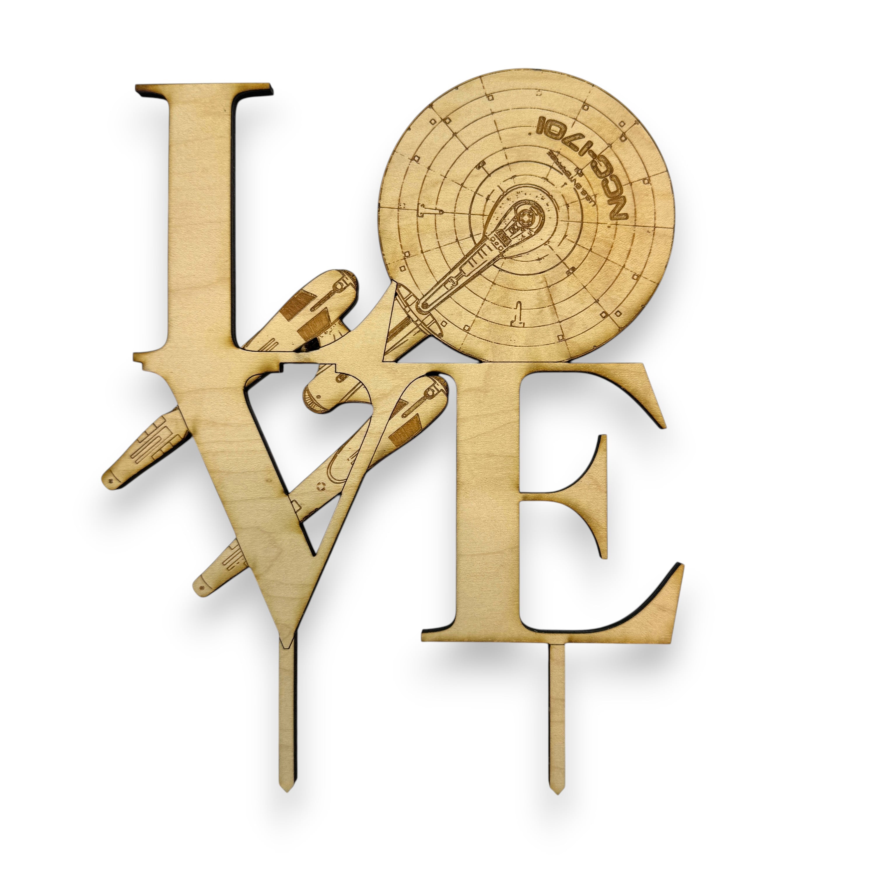Cake Topper - Love Sign Starship - 7x7 inches - Raw Wood