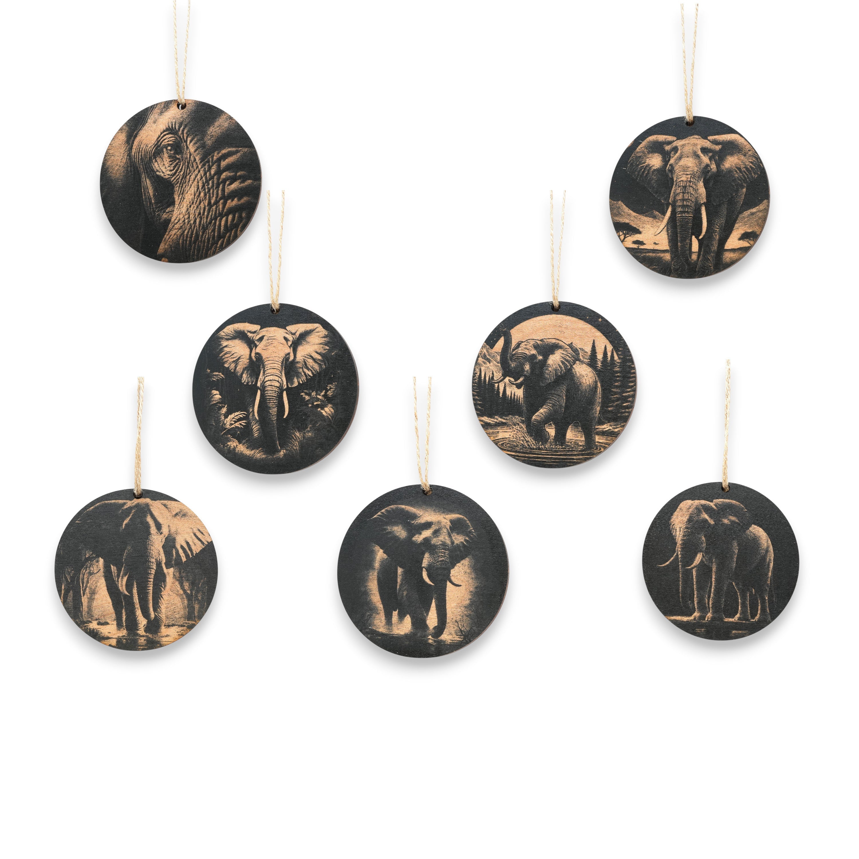 Ornament - Black - Elephants - Set of 7