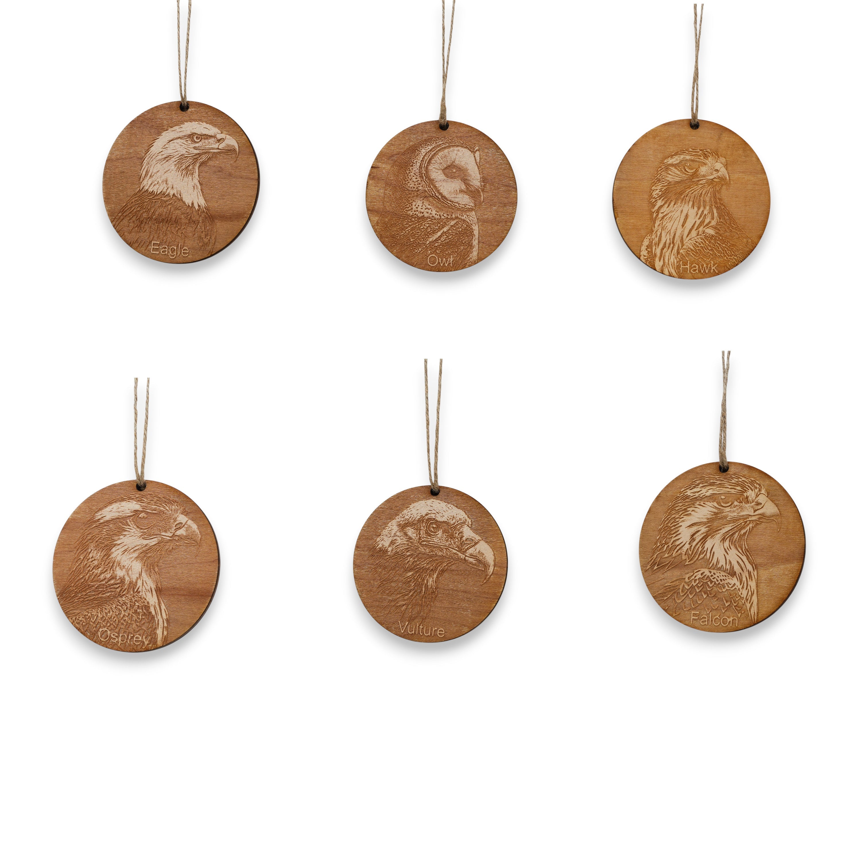 Ornament - Raptors - Birds - Set of 6 - Raw wood