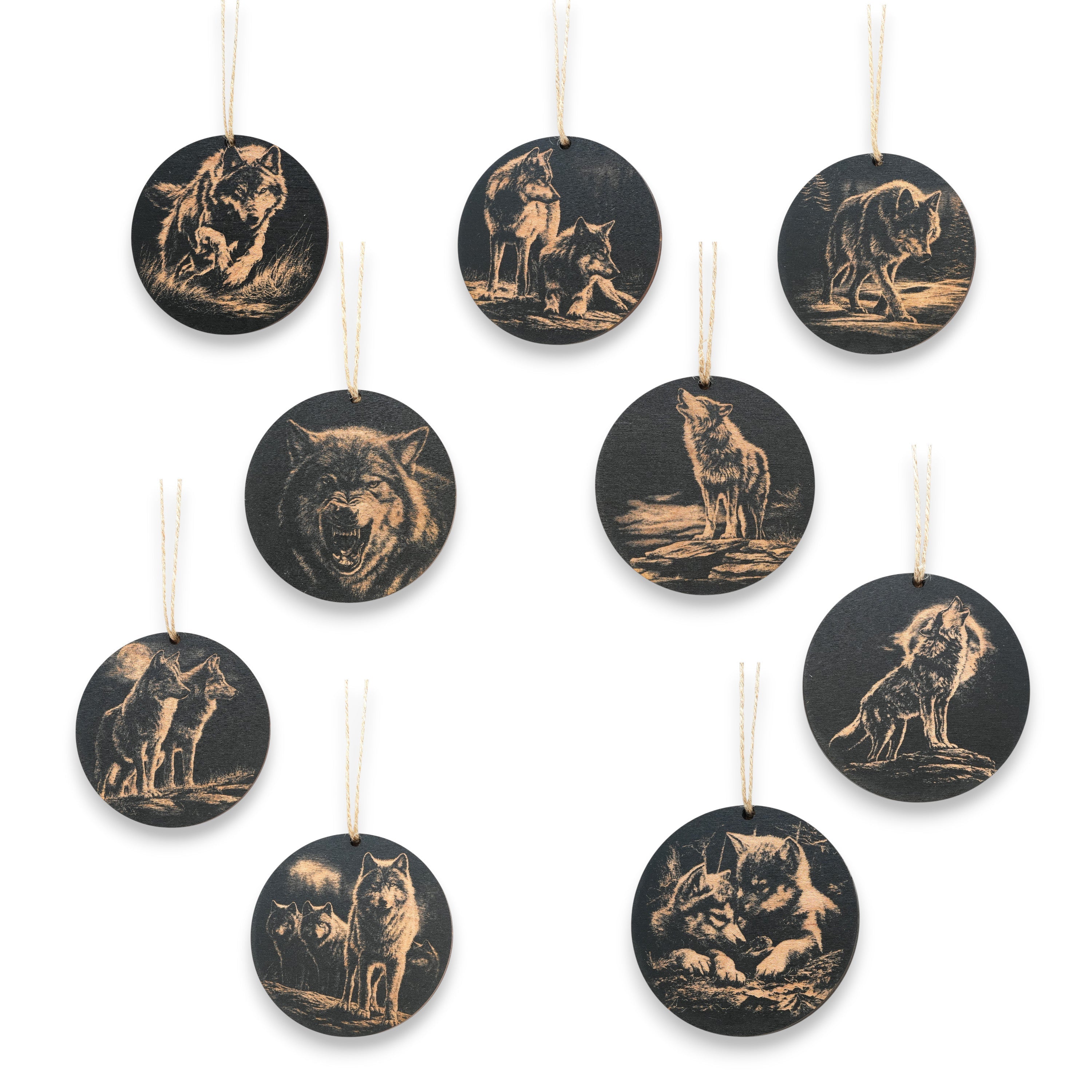 Ornament - Black - Wolf - Set of 9