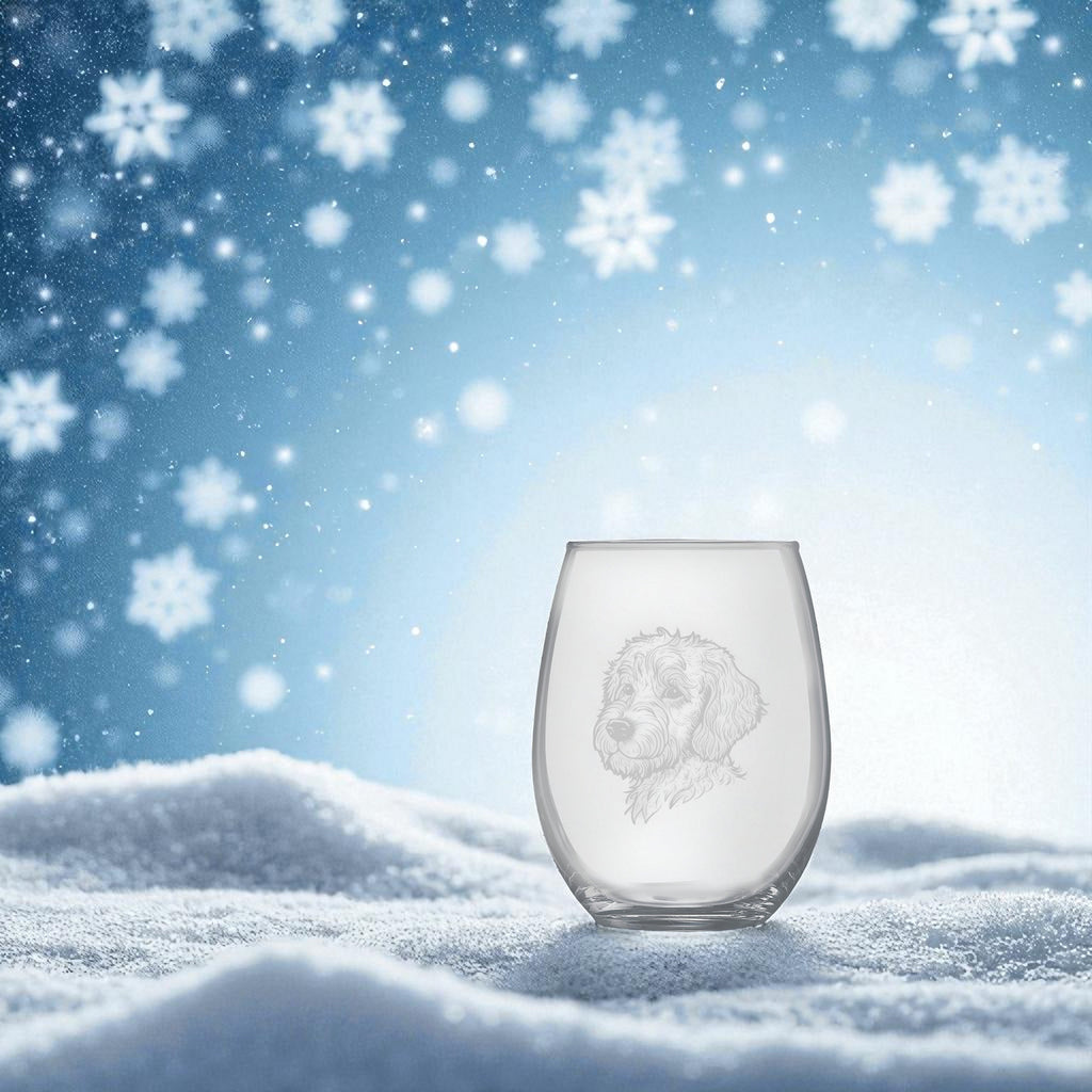 15oz Stemless Wine Glass Set - Golden Doodle + Slate Coaster