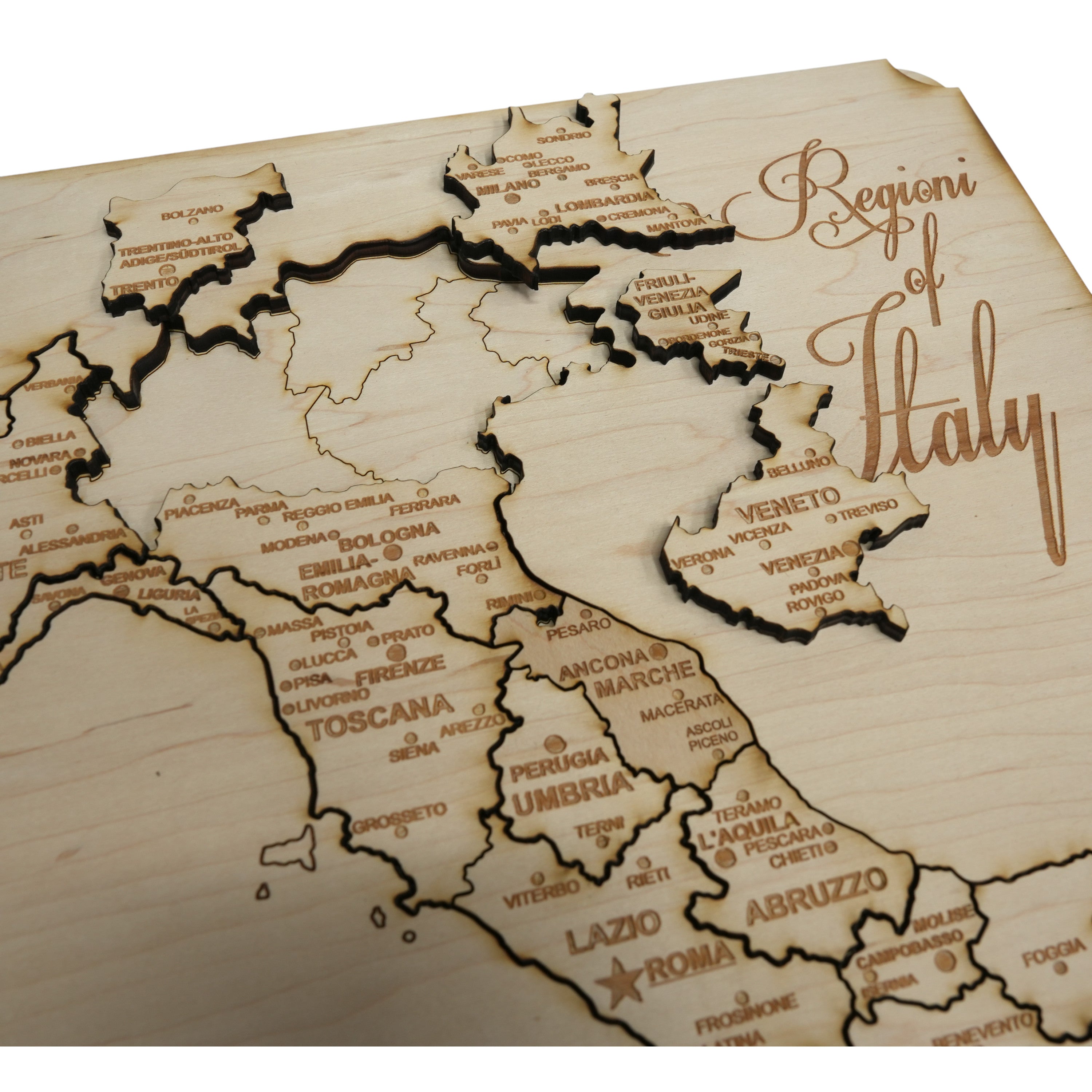 Italy Map - Puzzle Map - Art Kit - Raw Wood 18x12 Inches - 21 pieces - With Stand