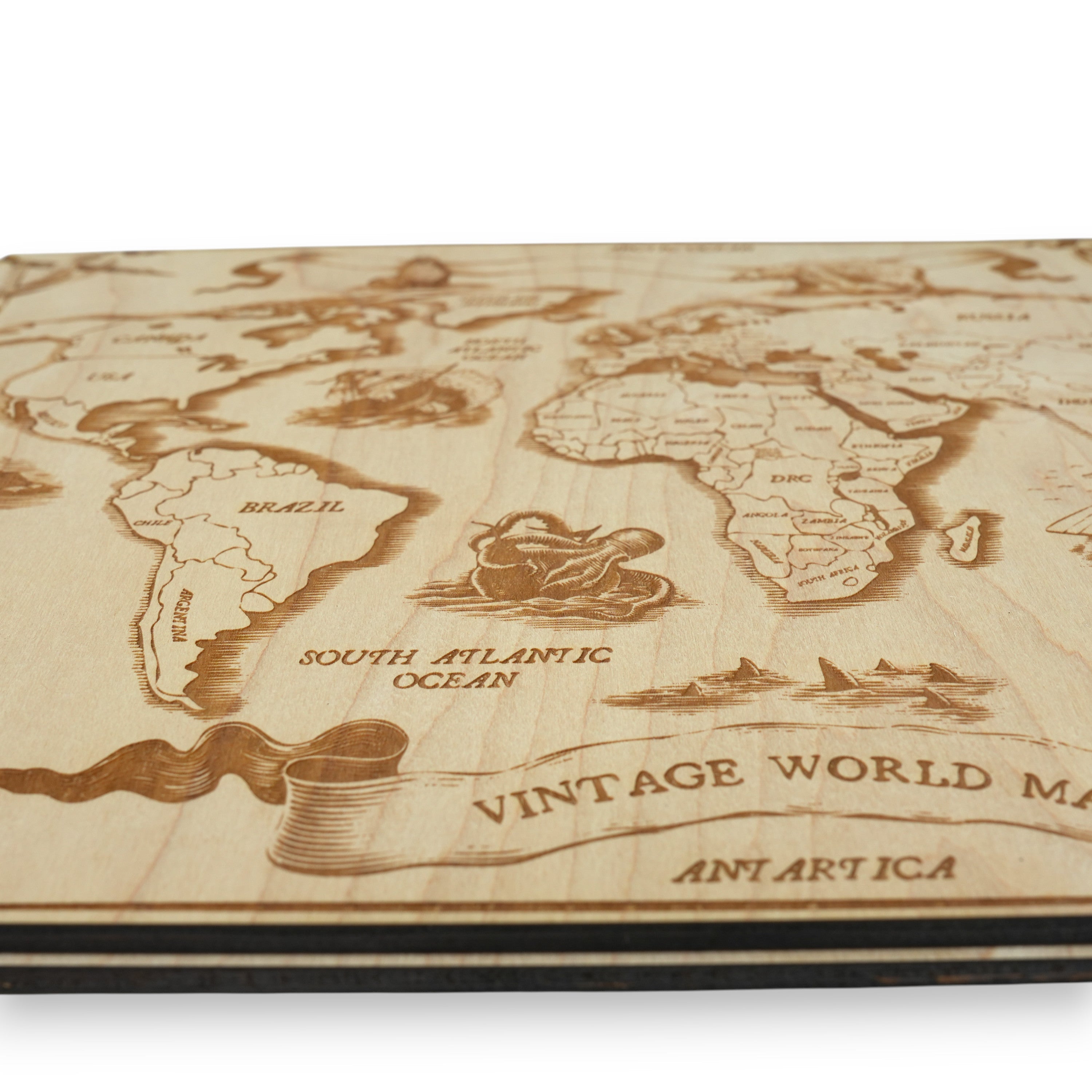 Vintage World Map - Art - Raw Wood 18x12 Inches - With Stand