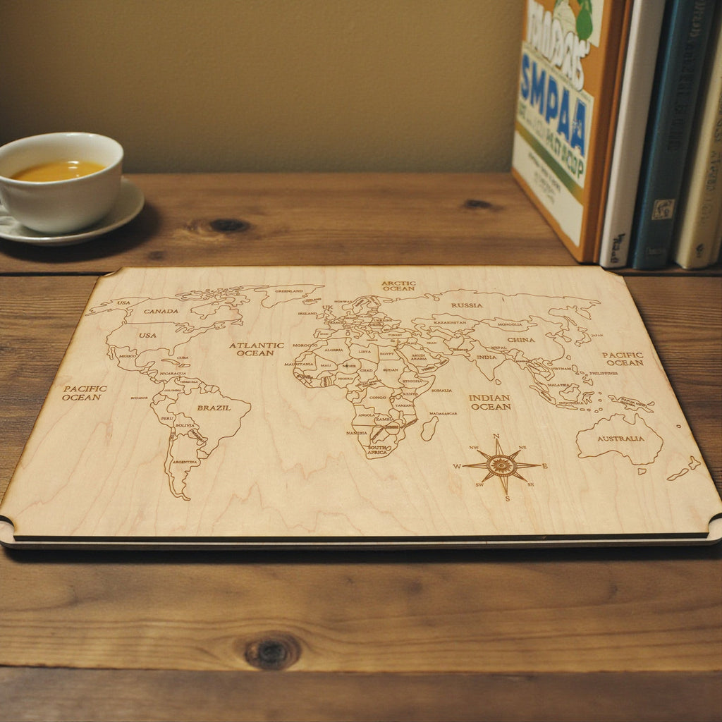 World Map - Art - Raw Wood 18x12 Inches - With Stand