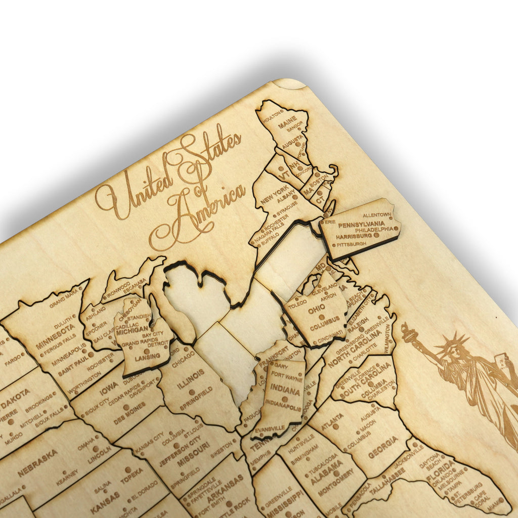 50 State WITH CITIES American Puzzle Map Liberty - Wood 12x18 Inches - 51 Pieces - With Stand