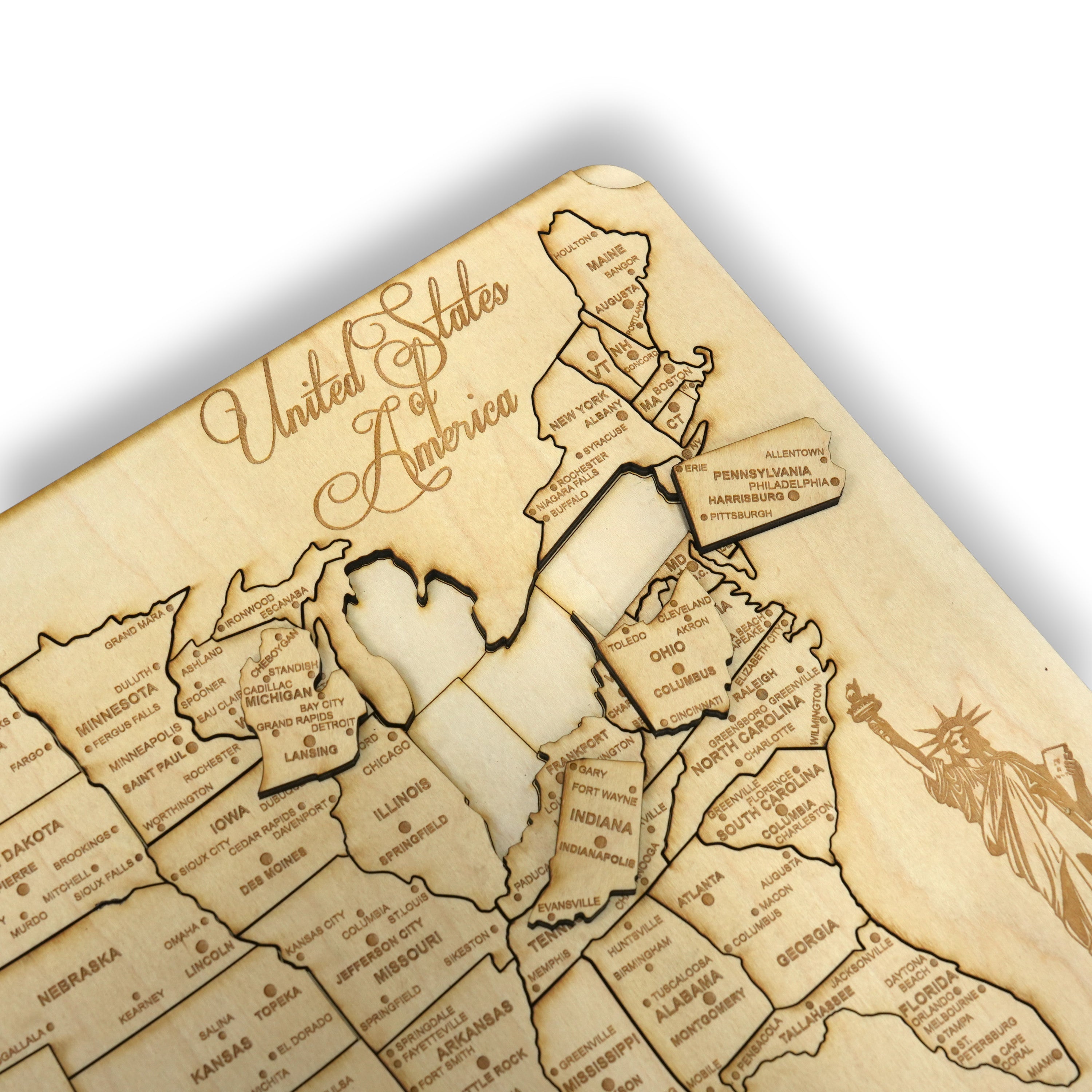 50 State WITH CITIES American Puzzle Map Liberty - Wood 12x18 Inches - 51 Pieces - With Stand