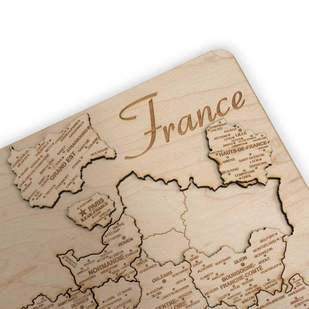 France Puzzle Map - Art Kit - Raw Wood 12x18 Inches - 14 Pieces - With Stand