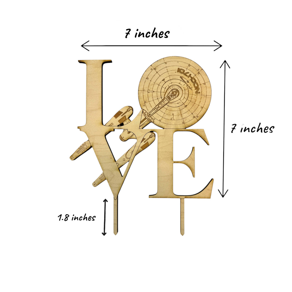 Cake Topper - Love Sign Starship - 7x7 inches - Raw Wood