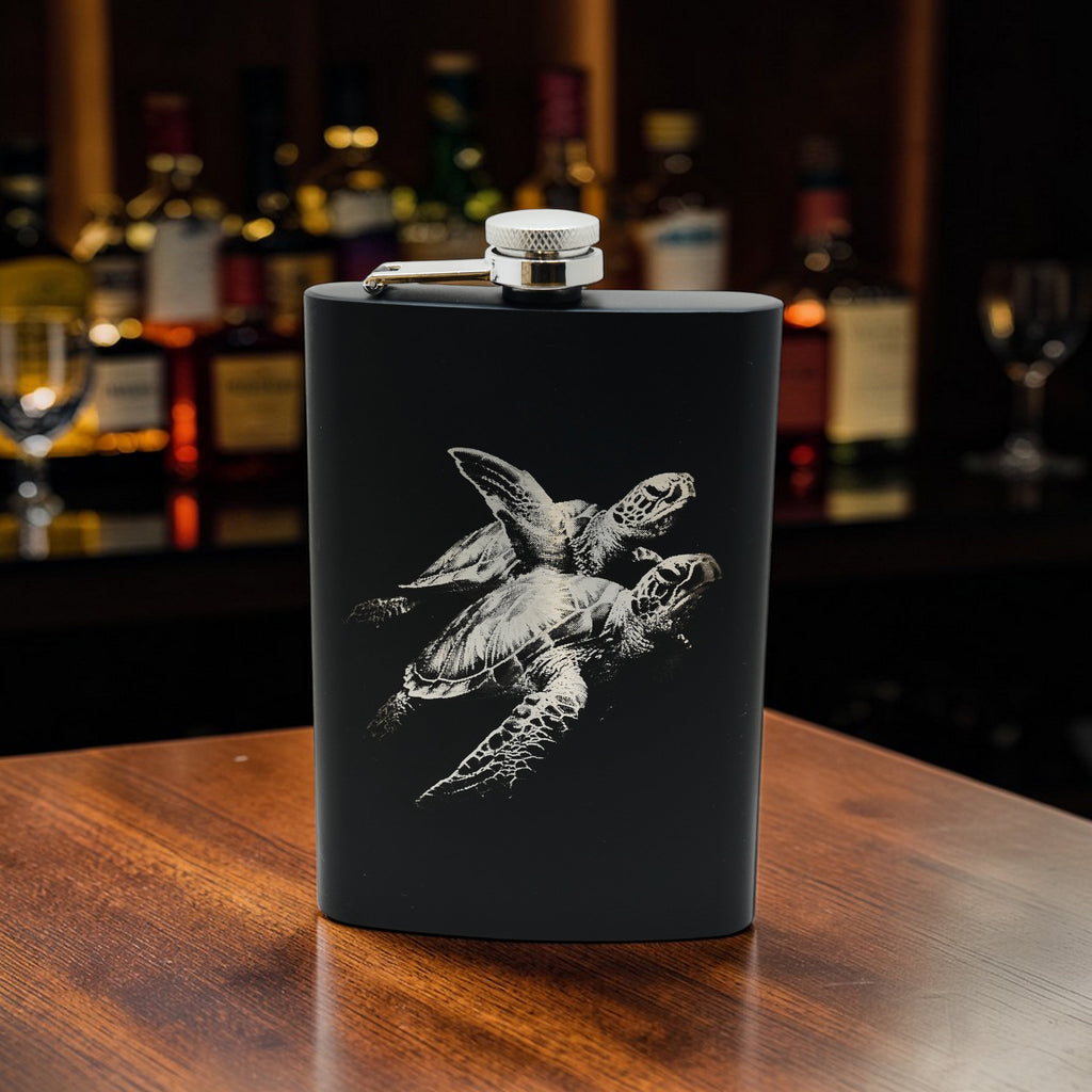 8oz Black - Underwater Sea Turtles - Black Flask