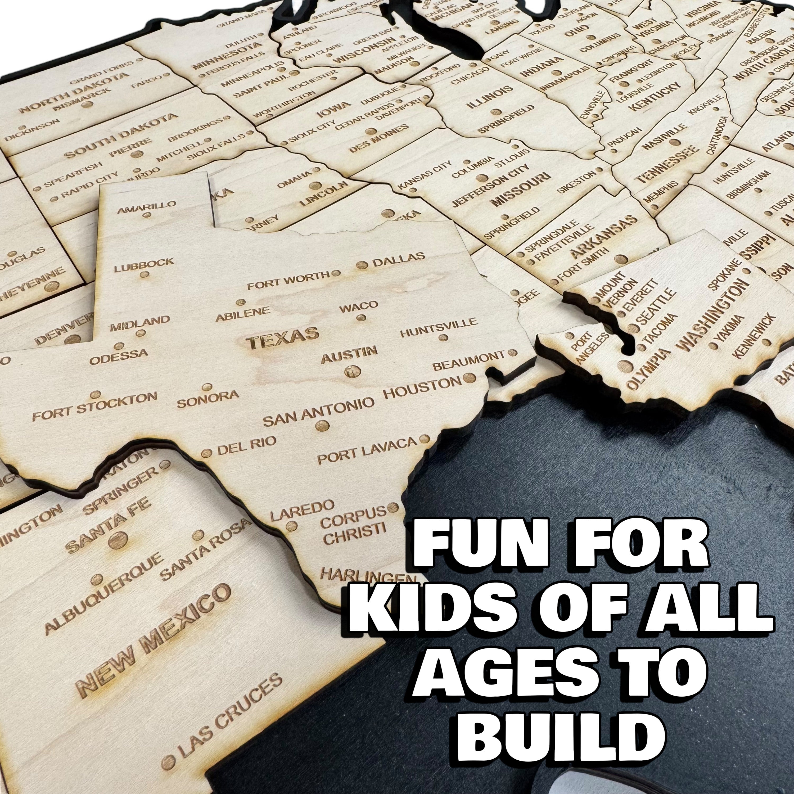 Detailed 50 State map with cities Puzzle - 18x13 Inches - 52 Piece Wood