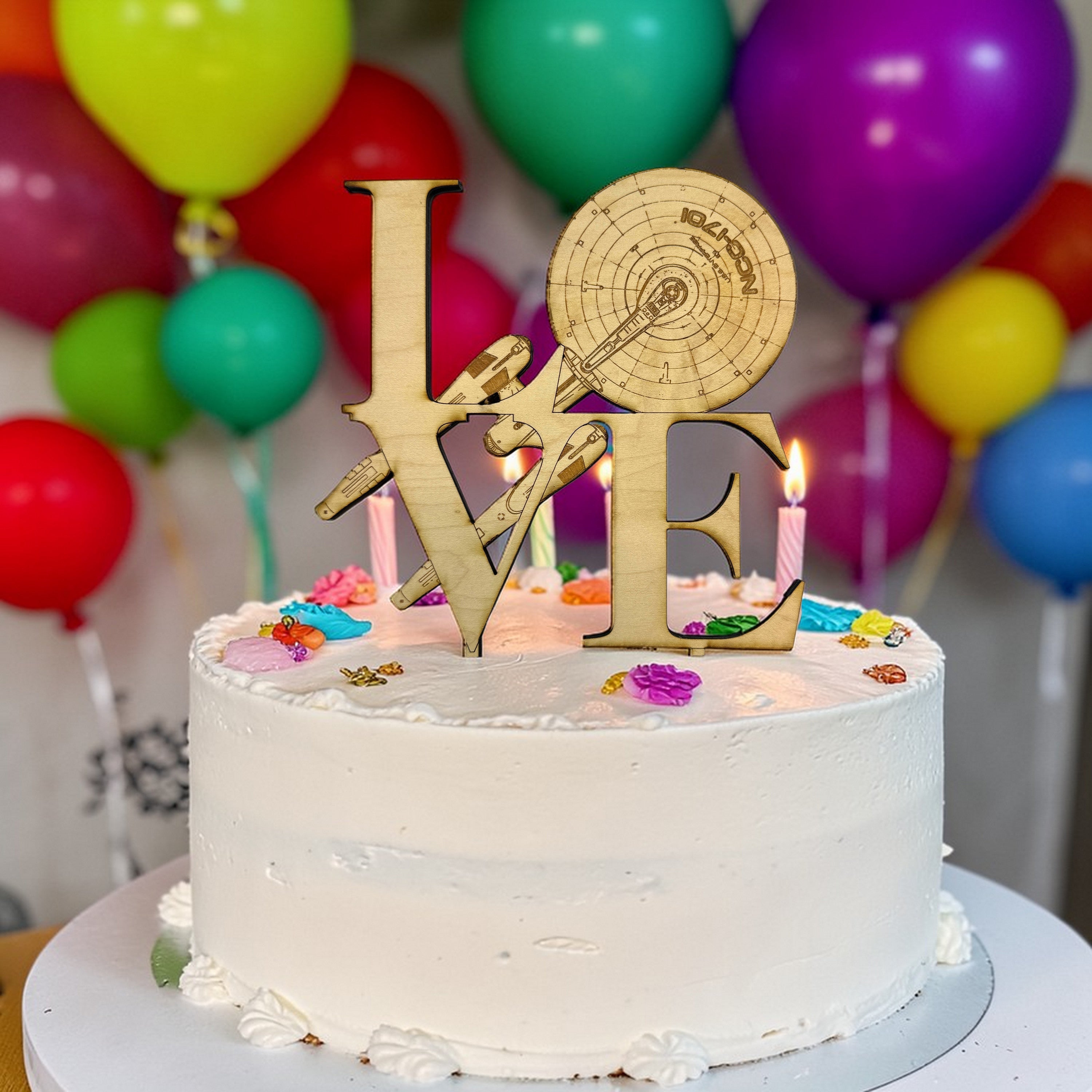 Cake Topper - Love Sign Starship - 7x7 inches - Raw Wood