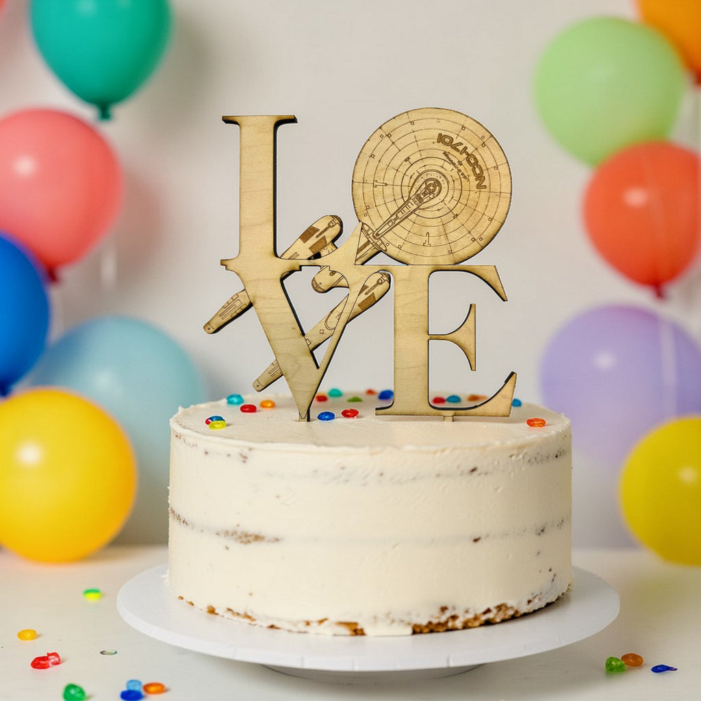 Cake Topper - Love Sign Starship - 7x7 inches - Raw Wood