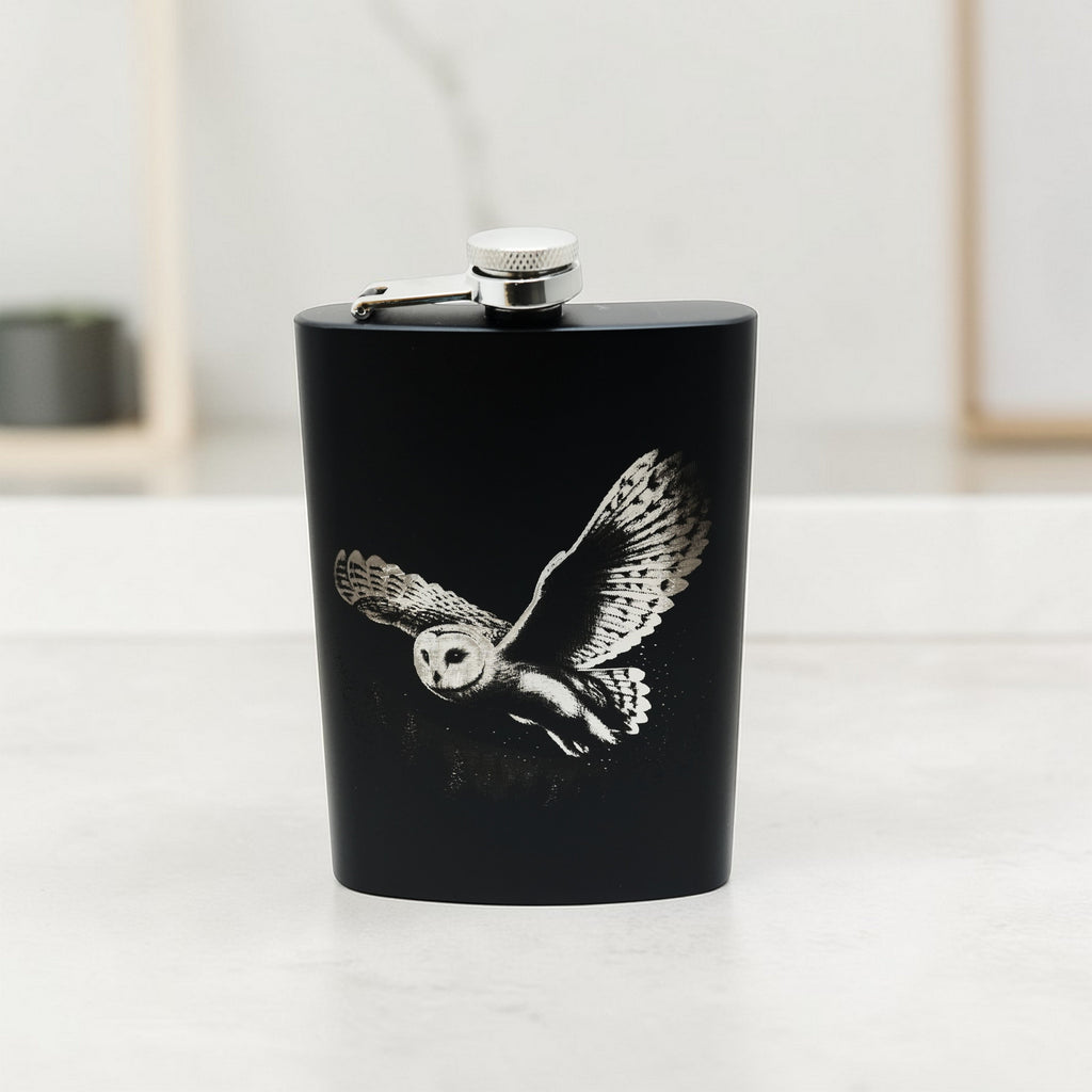 8oz Black - Flying Barn Owl - Black Flask