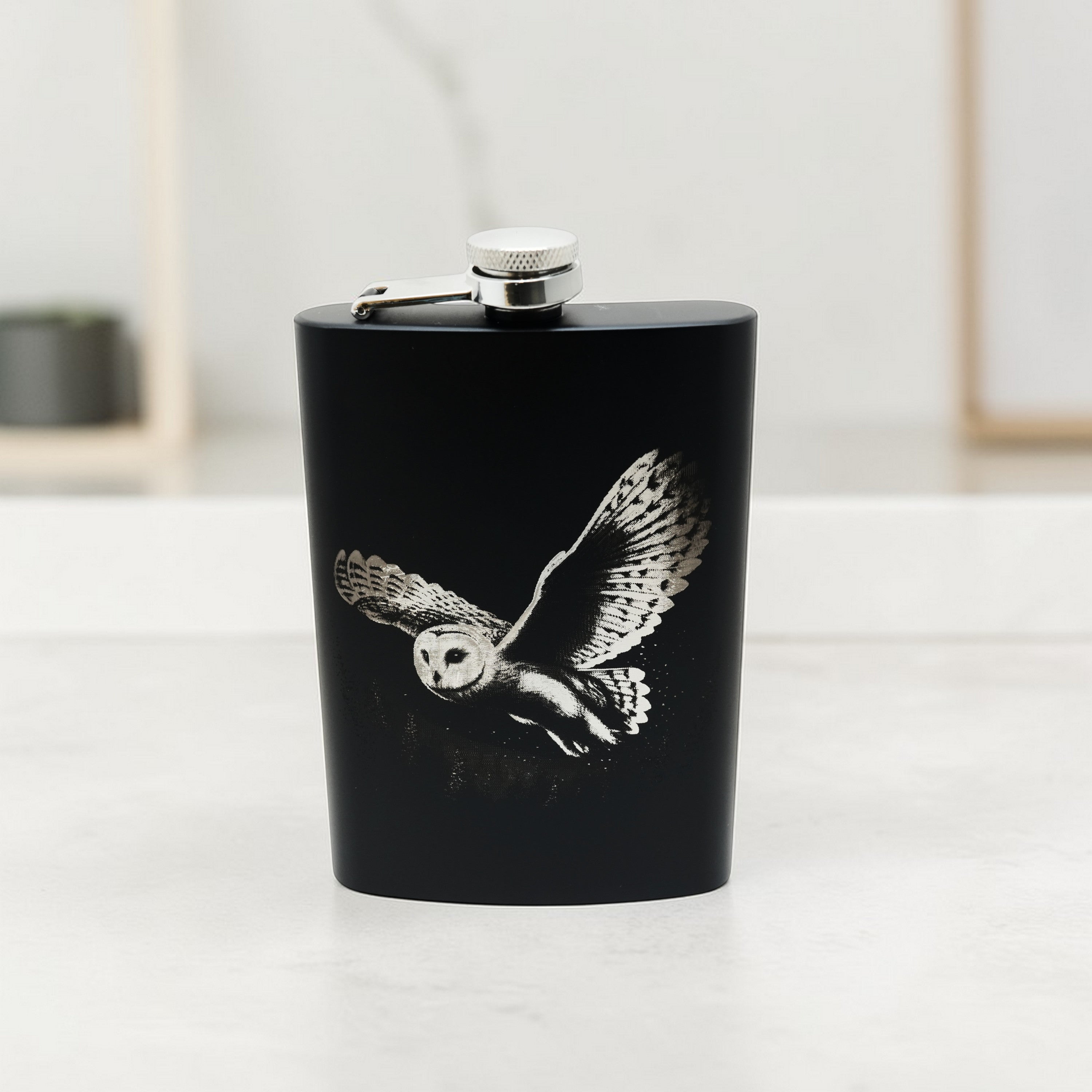 8oz Black - Flying Barn Owl - Black Flask