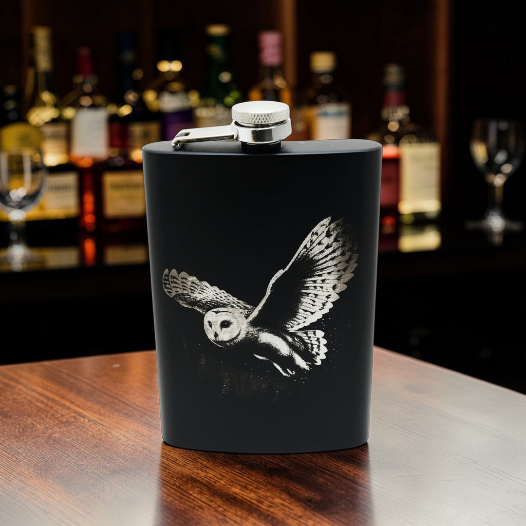 8oz Black - Flying Barn Owl - Black Flask