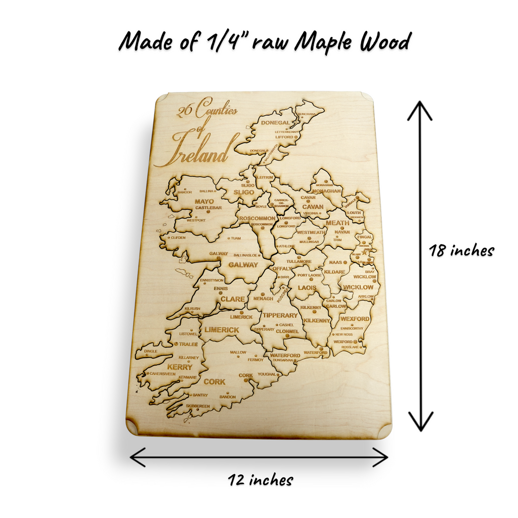 26 counties of Ireland Puzzle Map - Art Kit - Raw Wood 18x12 Inches - With Stand