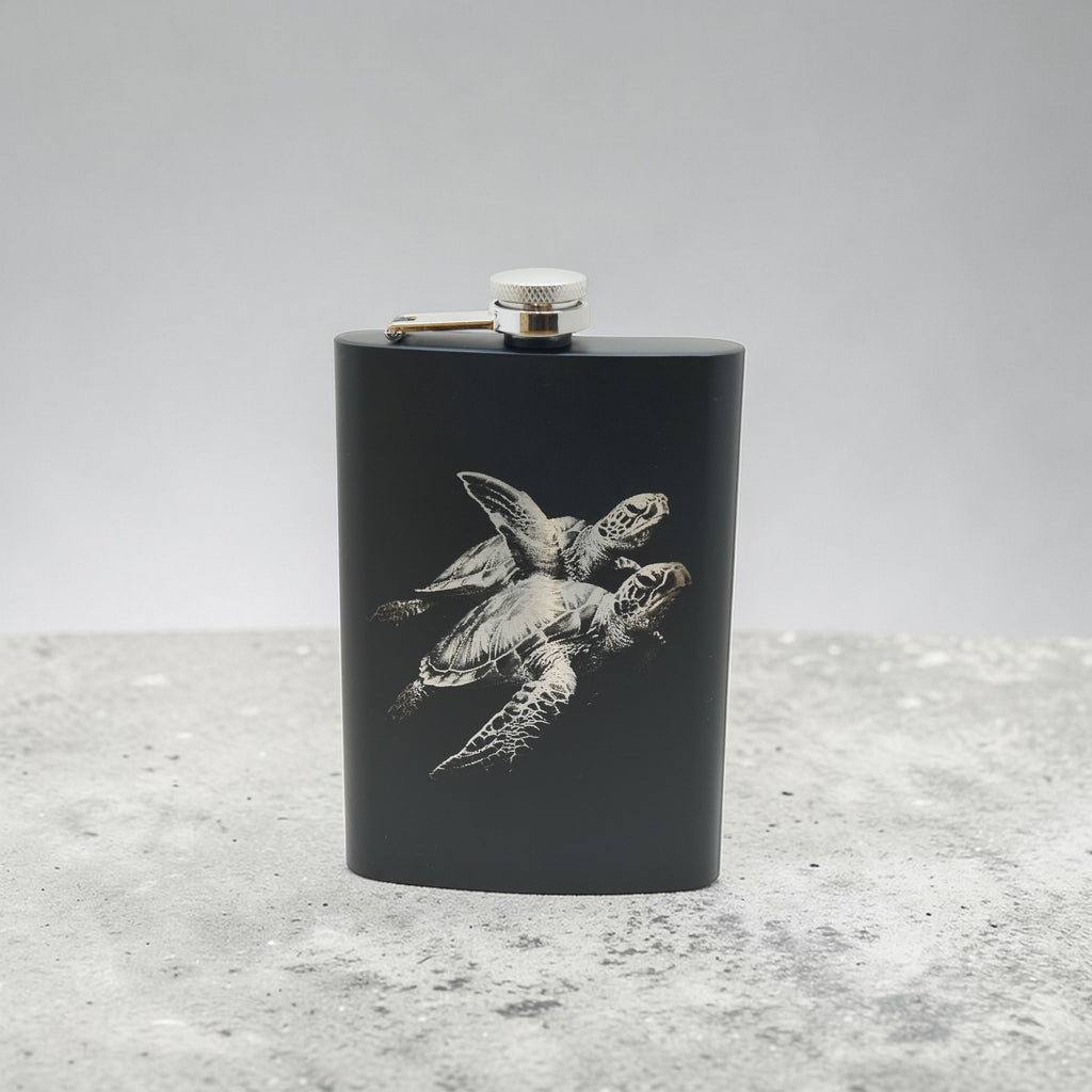 8oz Black - Underwater Sea Turtles - Black Flask