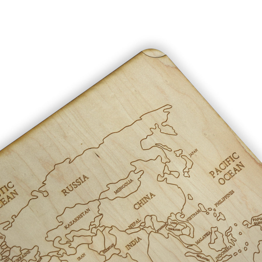 World Map - Art - Raw Wood 18x12 Inches - With Stand