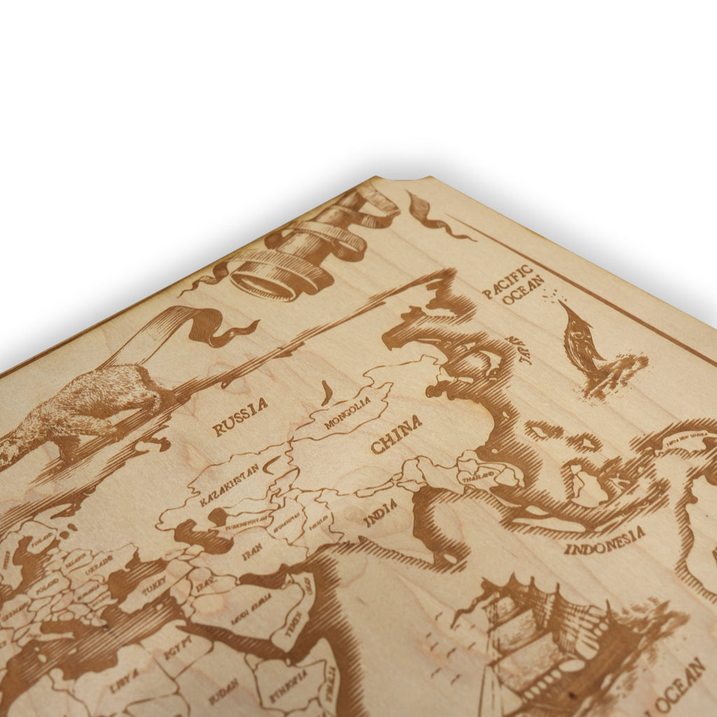 Vintage World Map - Art - Raw Wood 18x12 Inches - With Stand