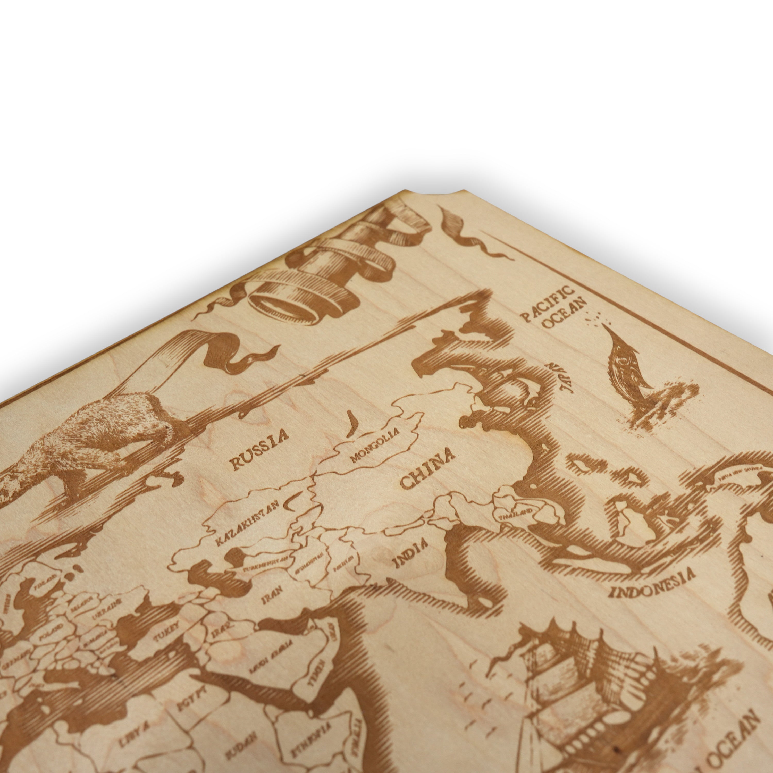 Vintage World Map - Art - Raw Wood 18x12 Inches - With Stand