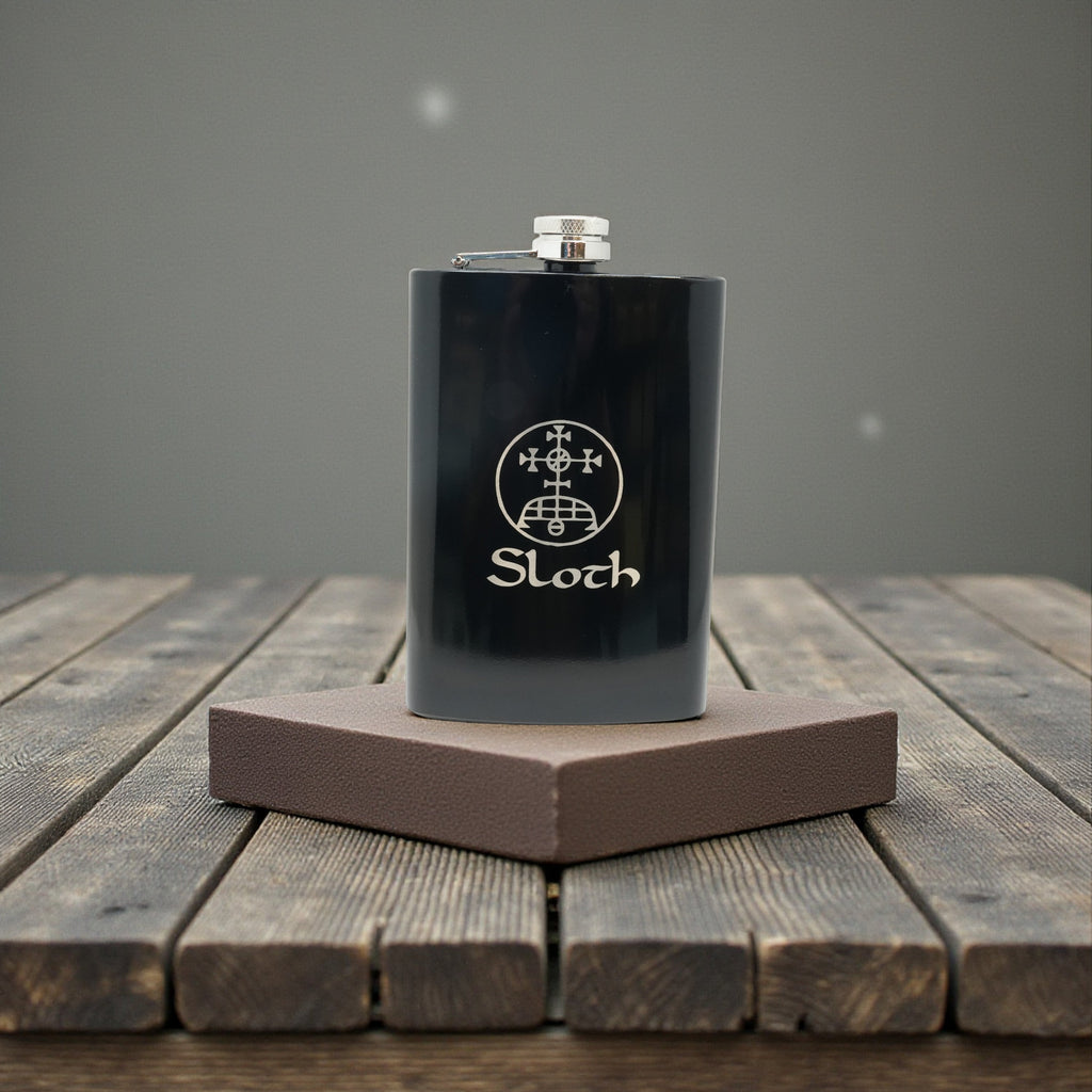 8oz BLACK Seven Deadly Sins SLOTH Flask
