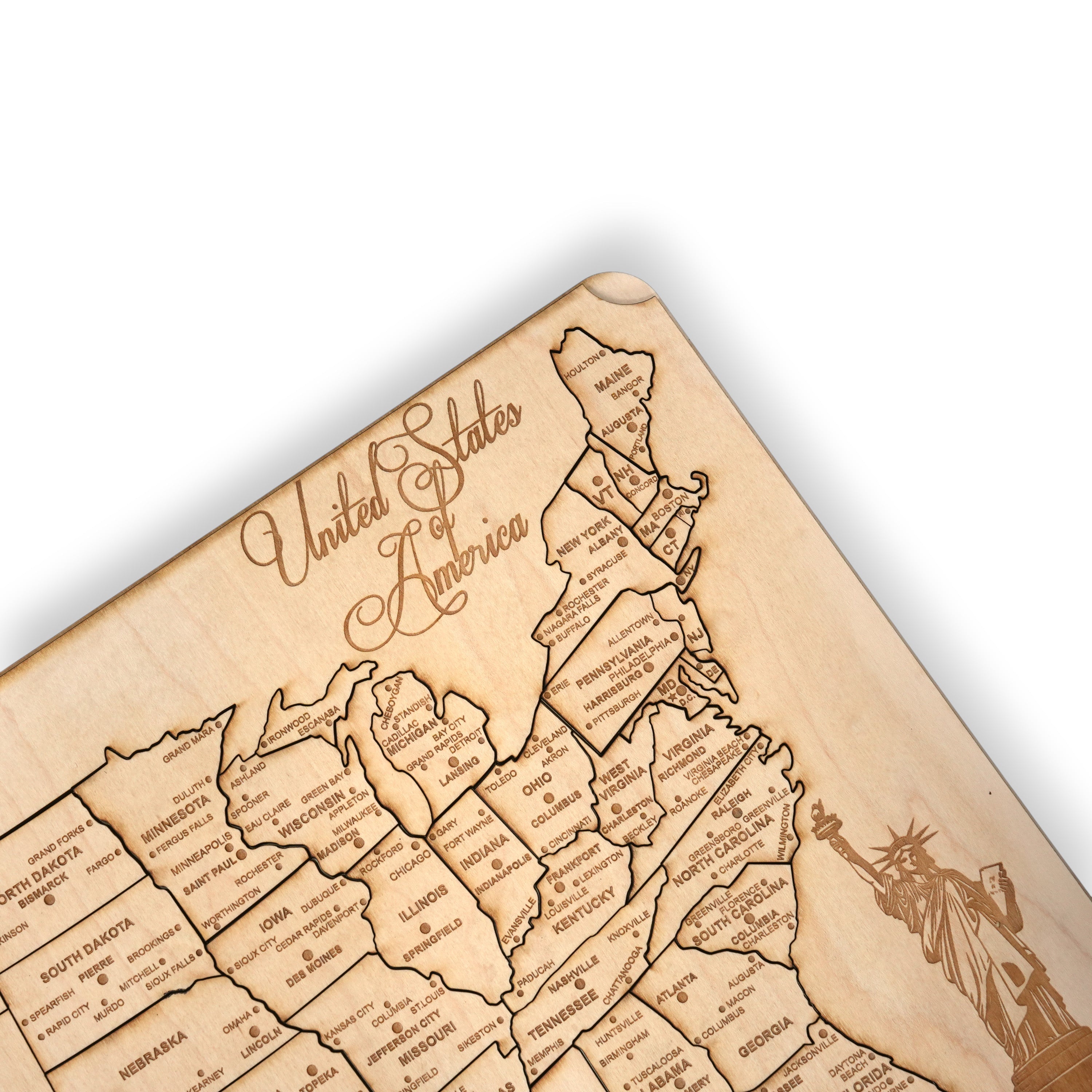 50 State WITH CITIES American Puzzle Map Liberty - Wood 12x18 Inches - 51 Pieces - With Stand
