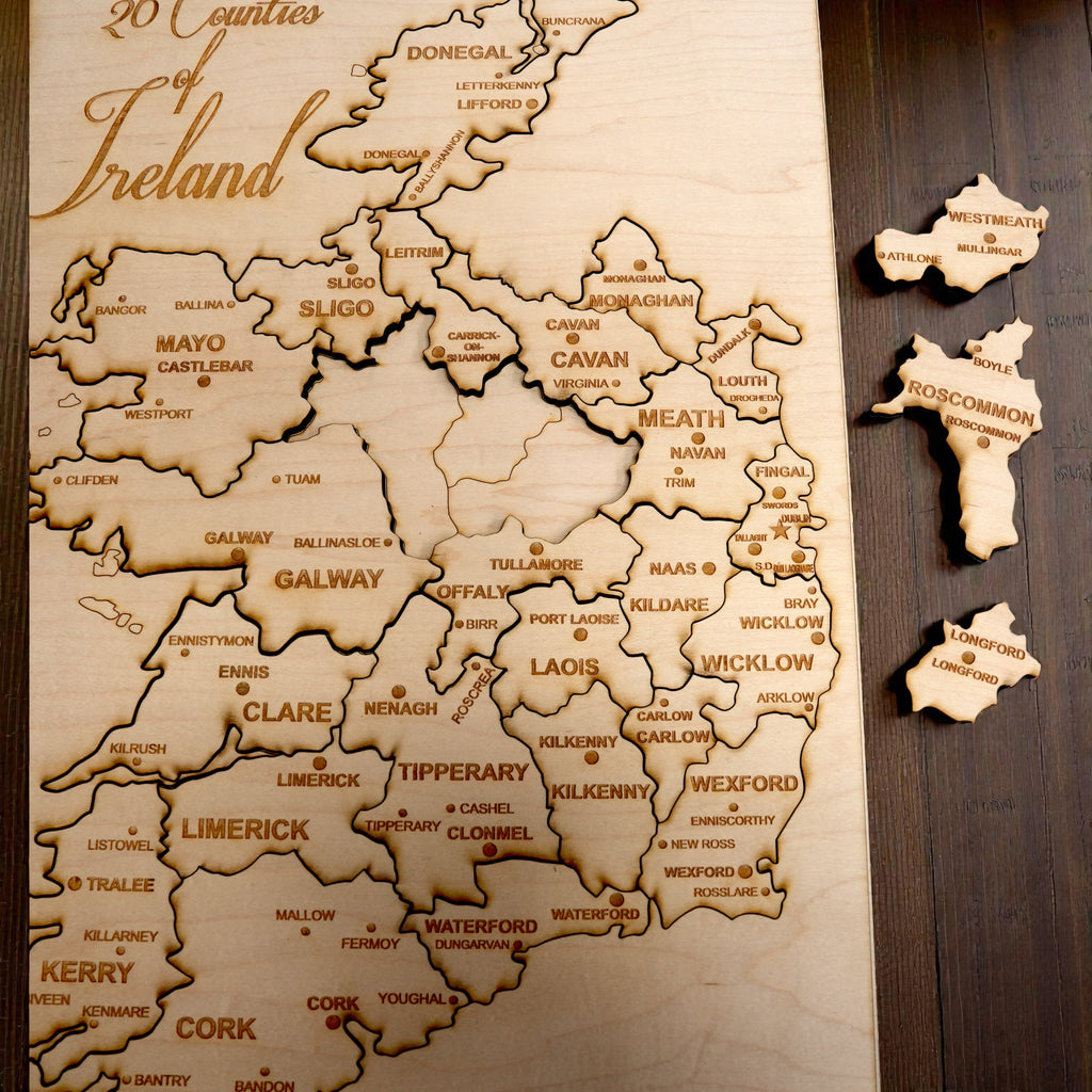 26 counties of Ireland Puzzle Map - Art Kit - Raw Wood 18x12 Inches - With Stand