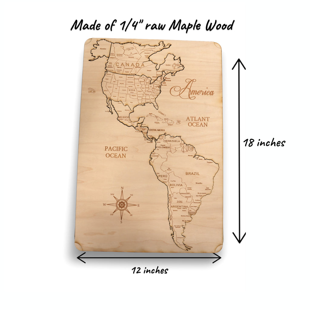 America North South and Central Puzzle Map - Art Kit - Raw Wood 12x18 Inches - 7 Pieces - With Stand