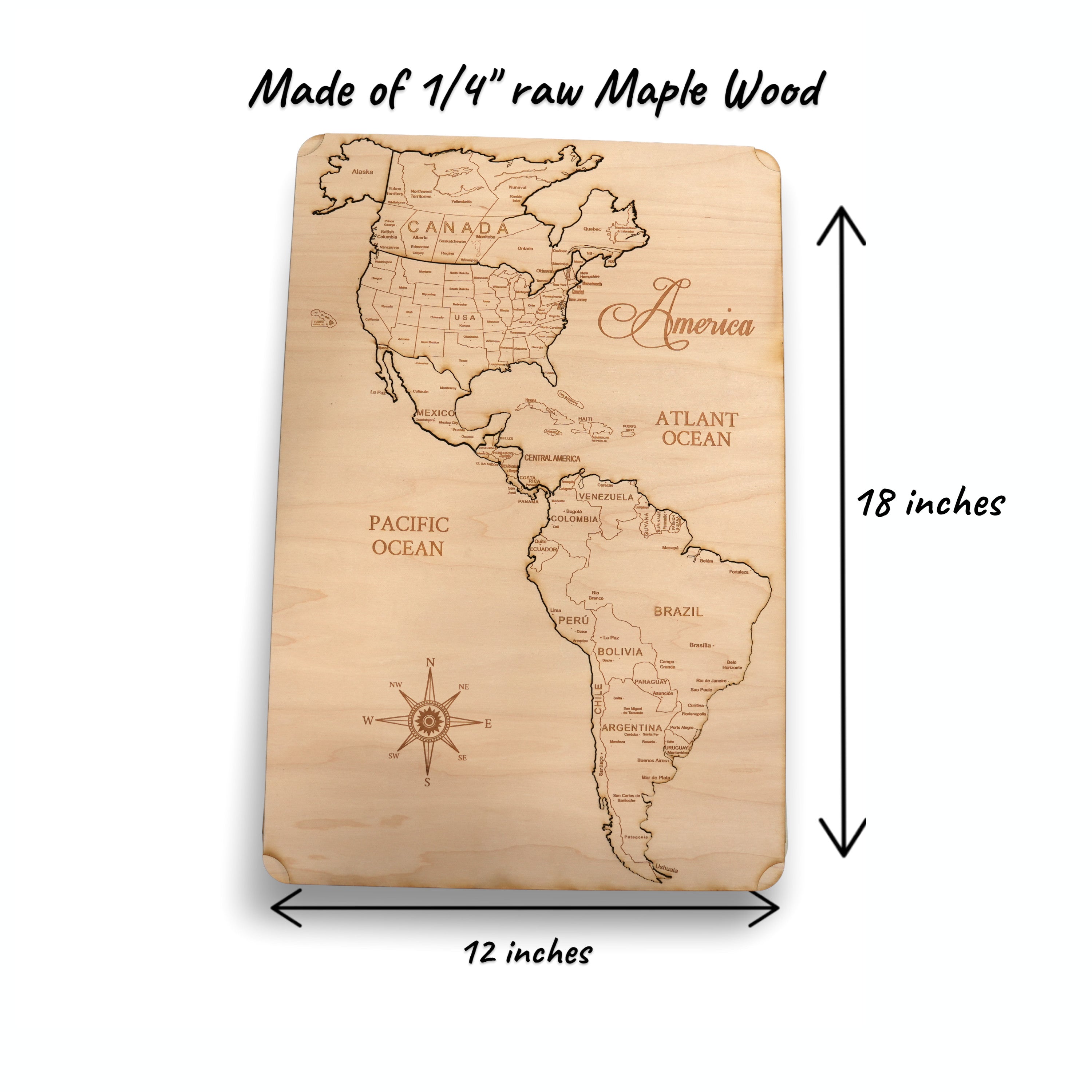 America North South and Central Puzzle Map - Art Kit - Raw Wood 12x18 Inches - 7 Pieces - With Stand