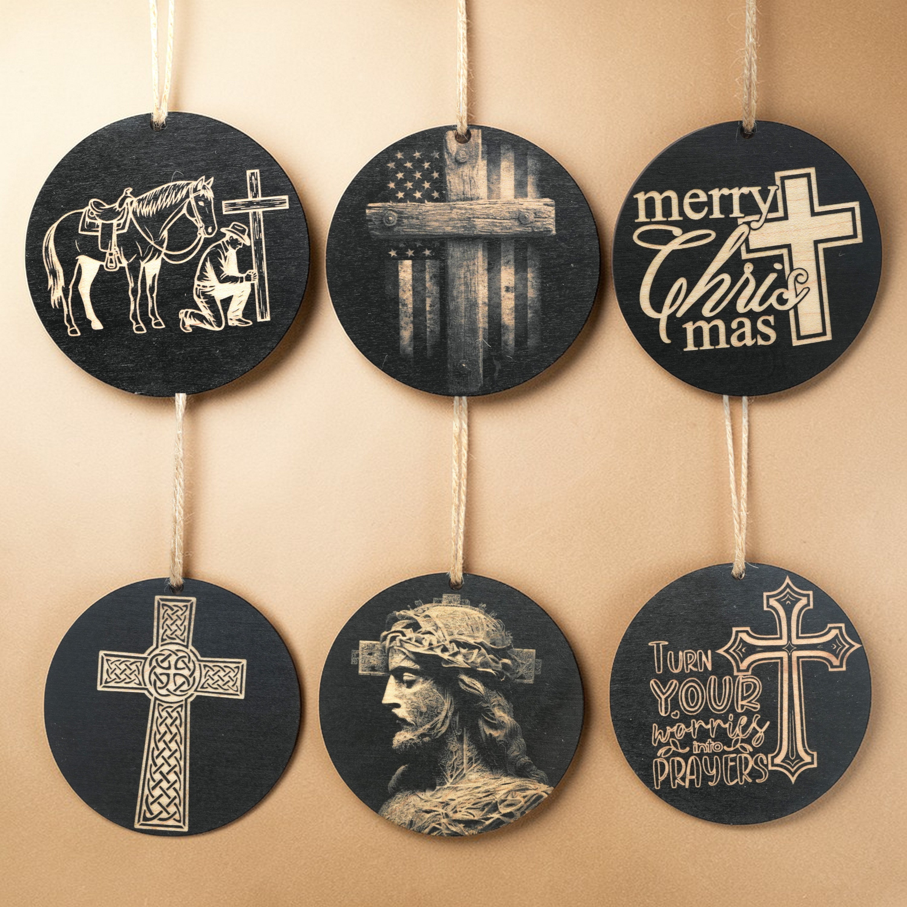 Ornament - Black - Cross - Set of 6