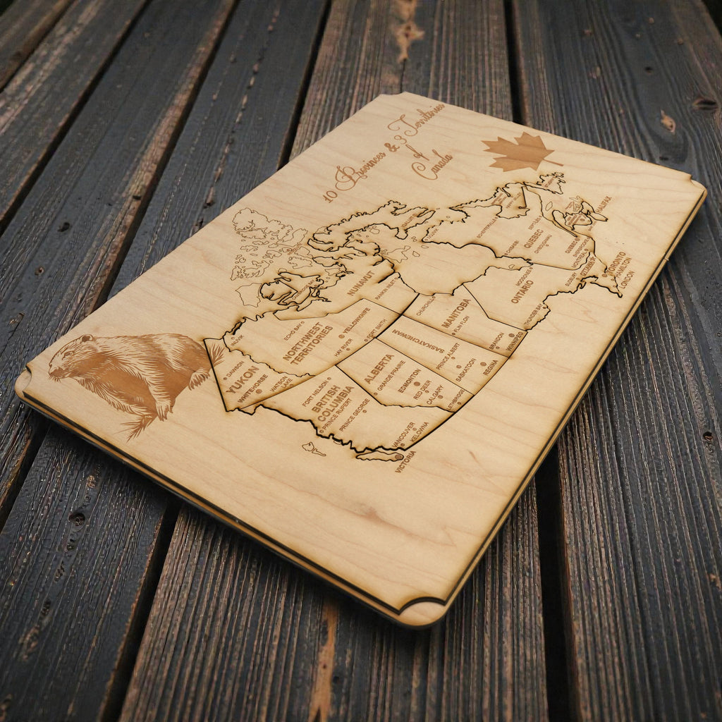 Canada Map - Puzzle Map - Art Kit - Raw Wood 18x12 Inches - 18 pieces - With Stand