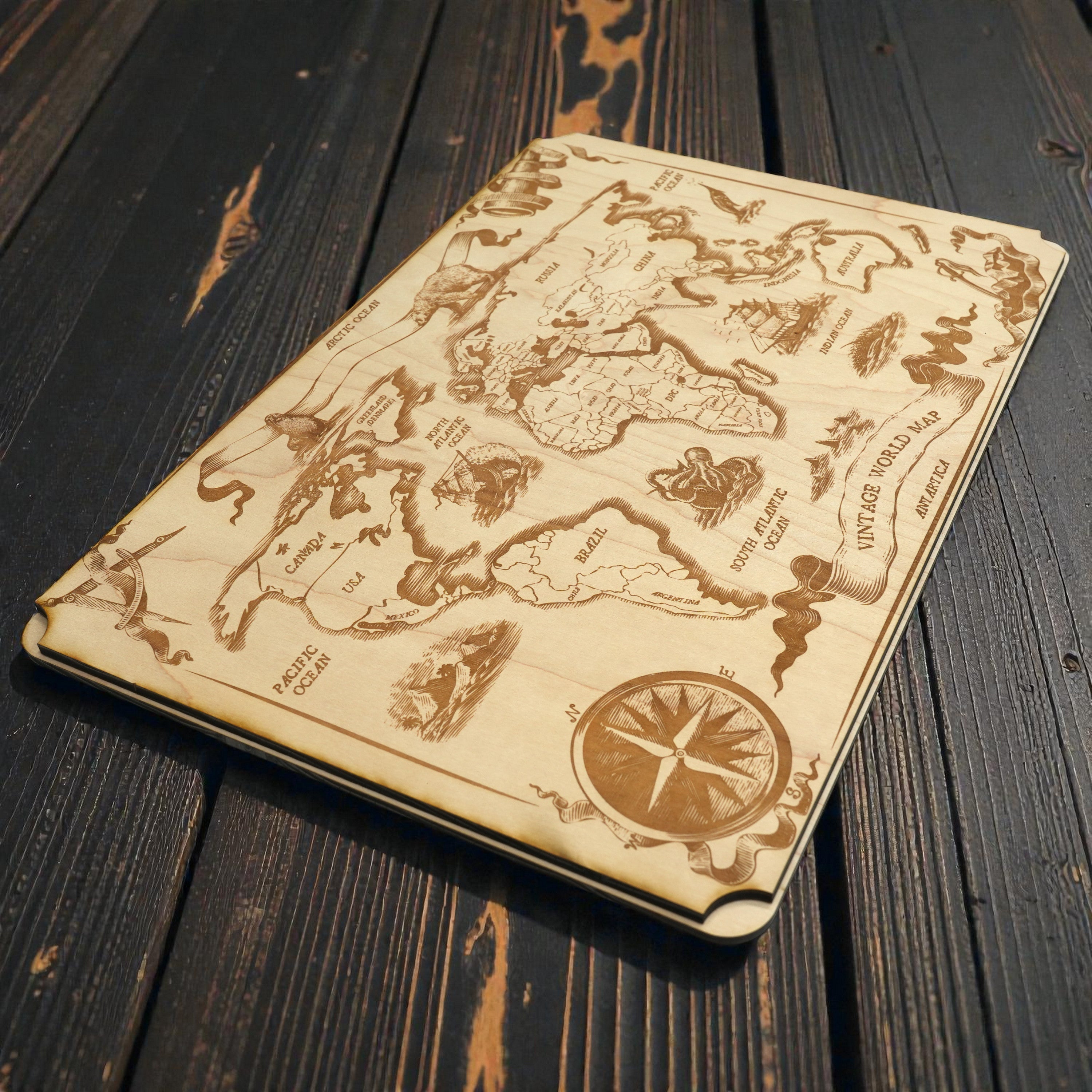 Vintage World Map - Art - Raw Wood 18x12 Inches - With Stand