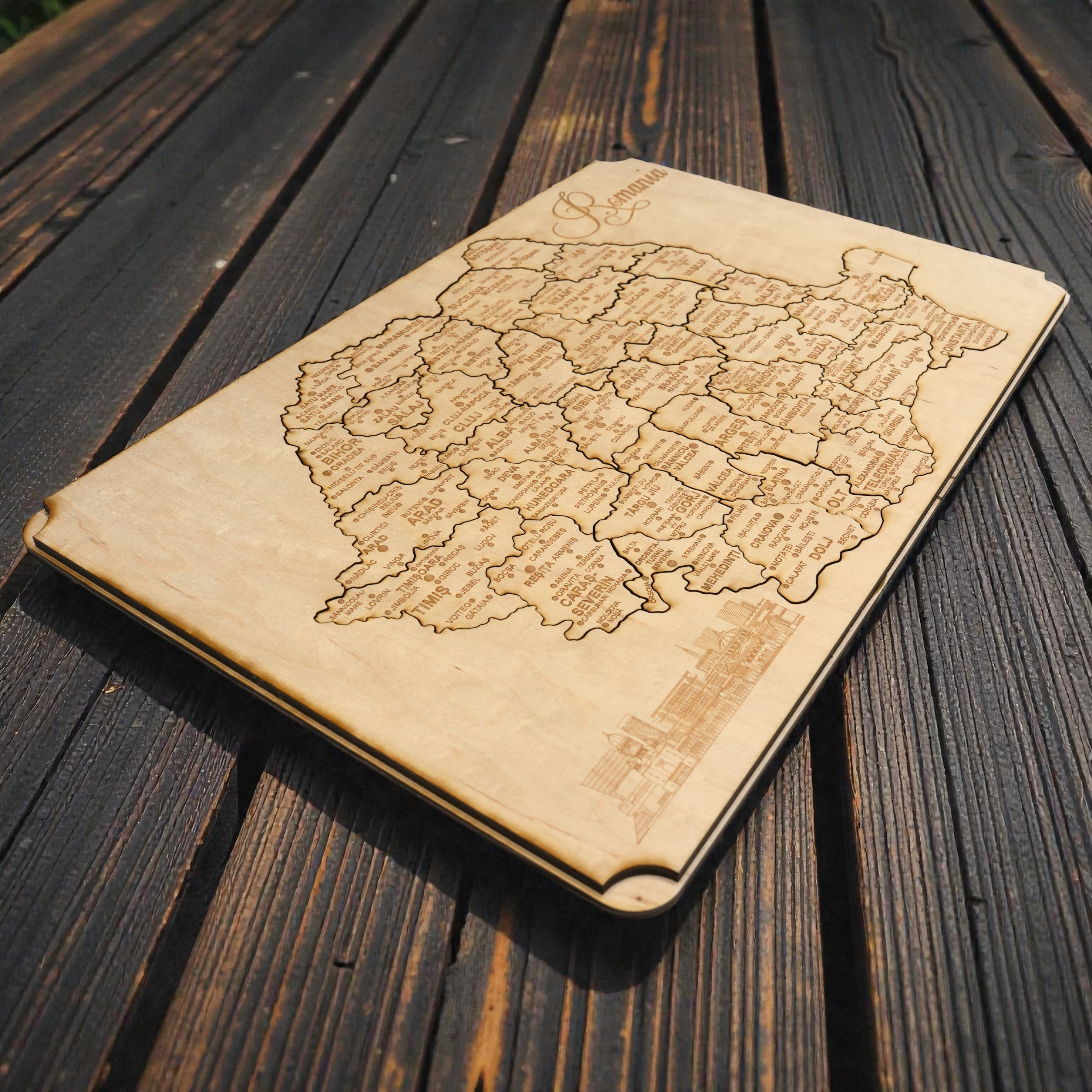 Romania Puzzle Map - Art Kit - Raw Wood 12x18 Inches - 42 Pieces - With Stand