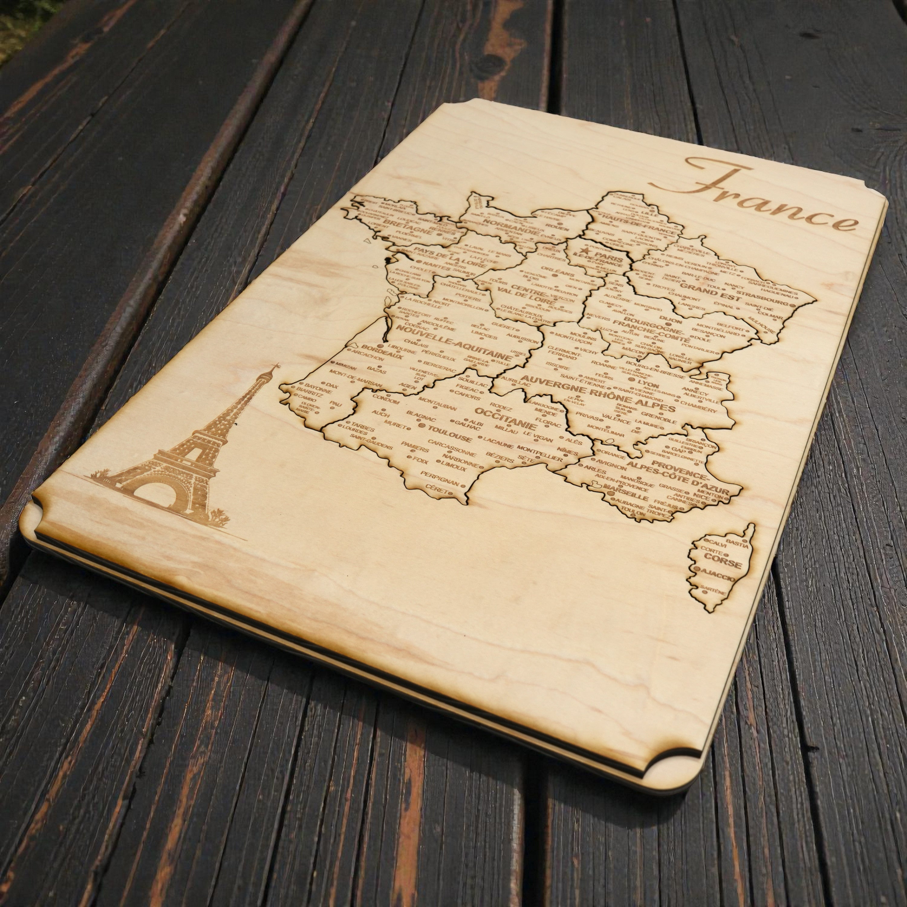 France Puzzle Map - Art Kit - Raw Wood 12x18 Inches - 14 Pieces - With Stand