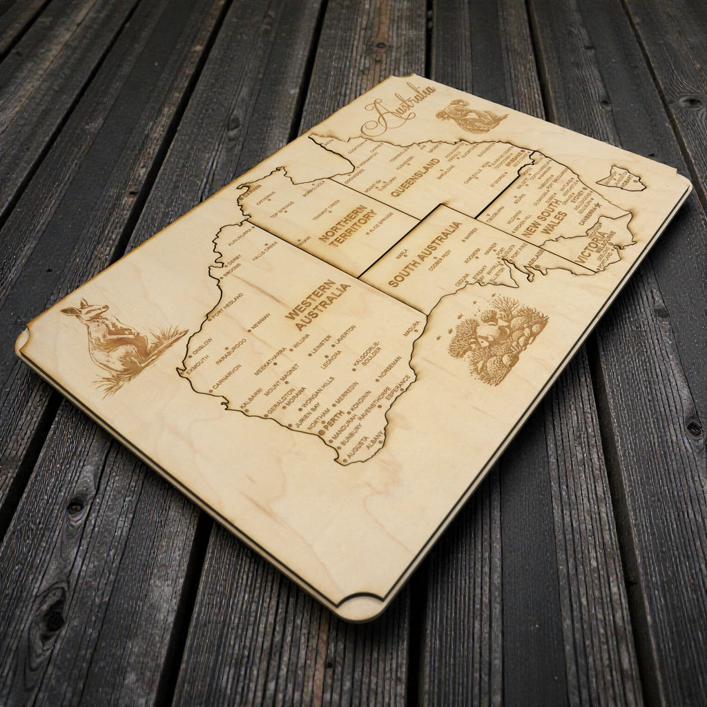 Australia Puzzle Map - Art Kit - Raw Wood 12x18 - 8 Pieces - With Stand