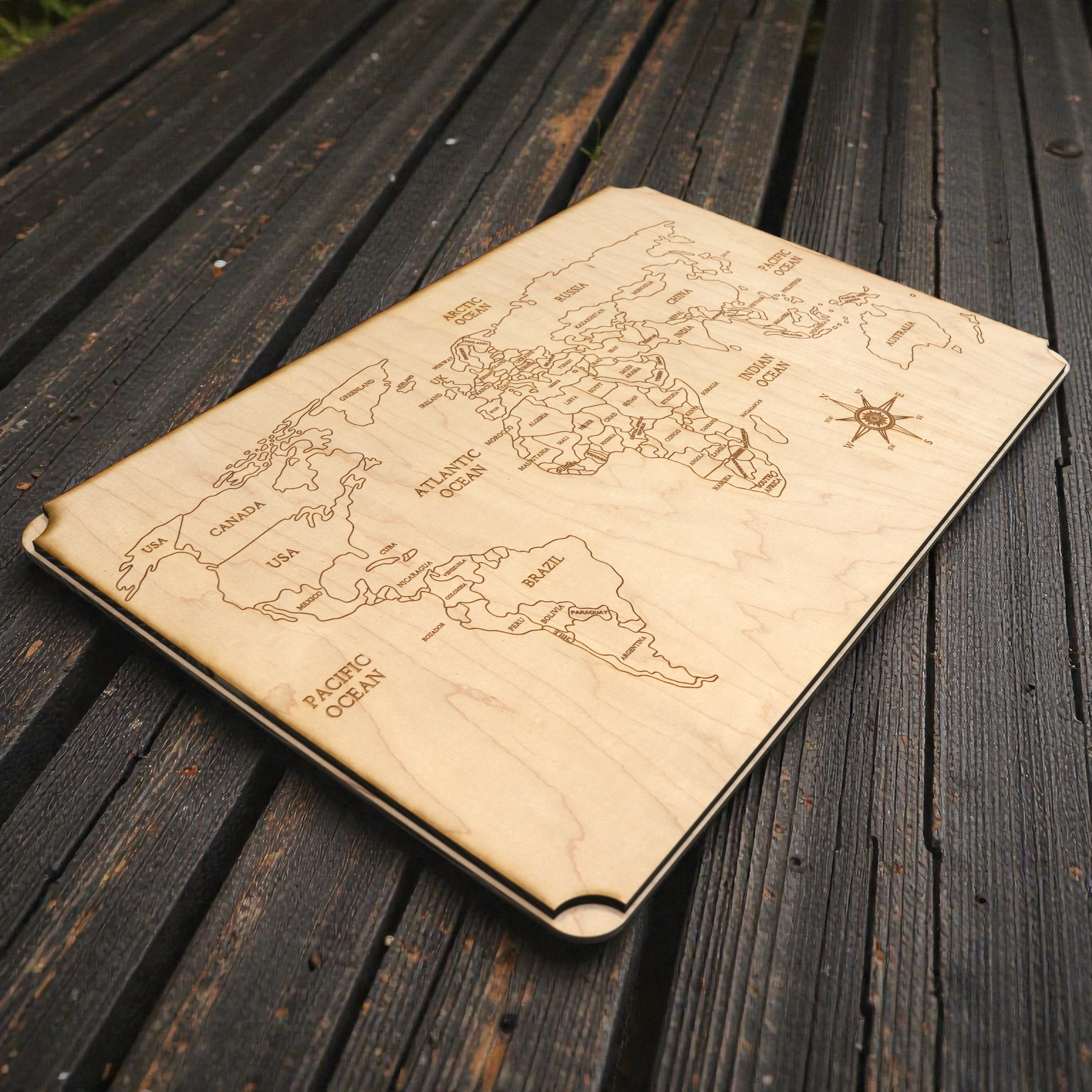 World Map - Art - Raw Wood 18x12 Inches - With Stand