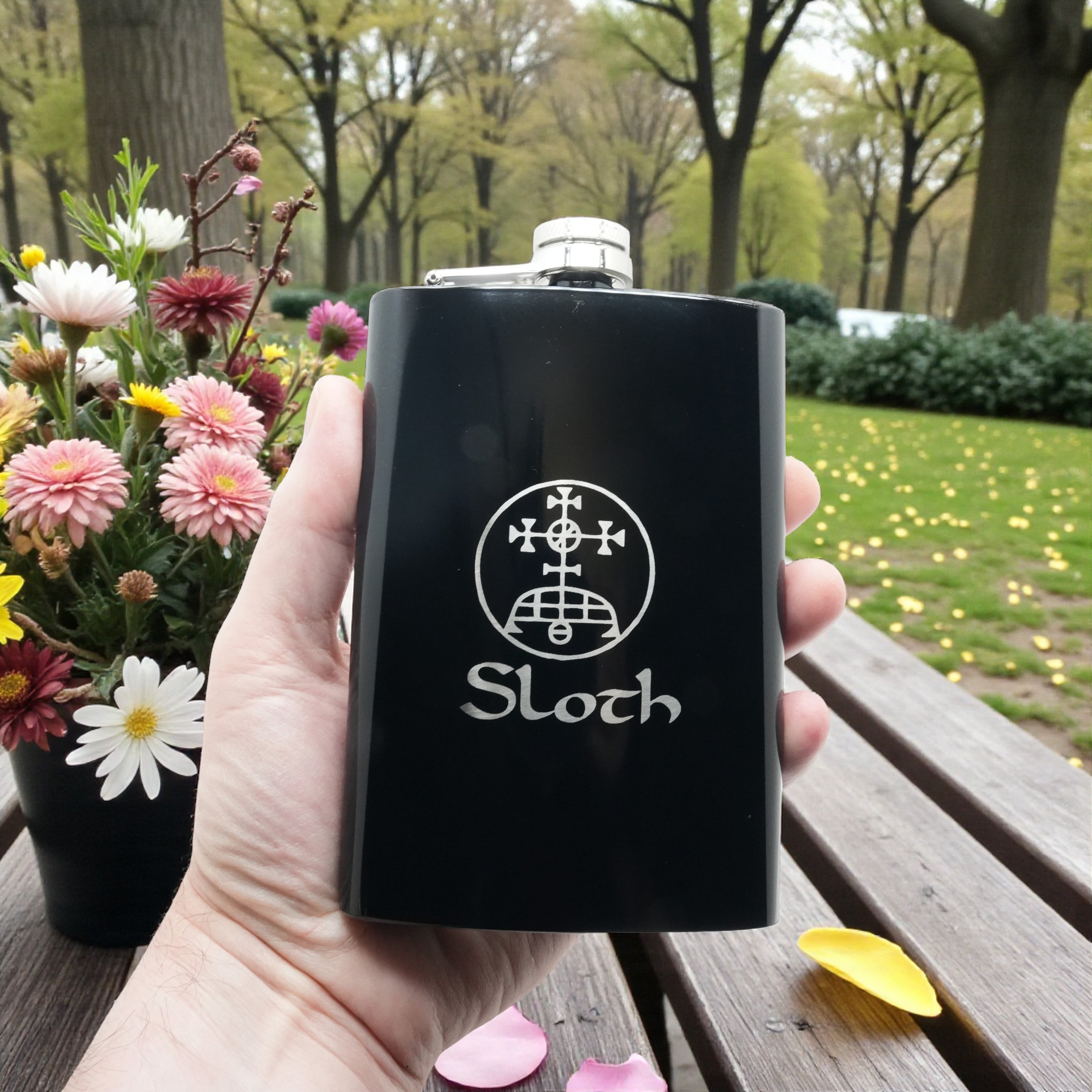 8oz BLACK Seven Deadly Sins SLOTH Flask