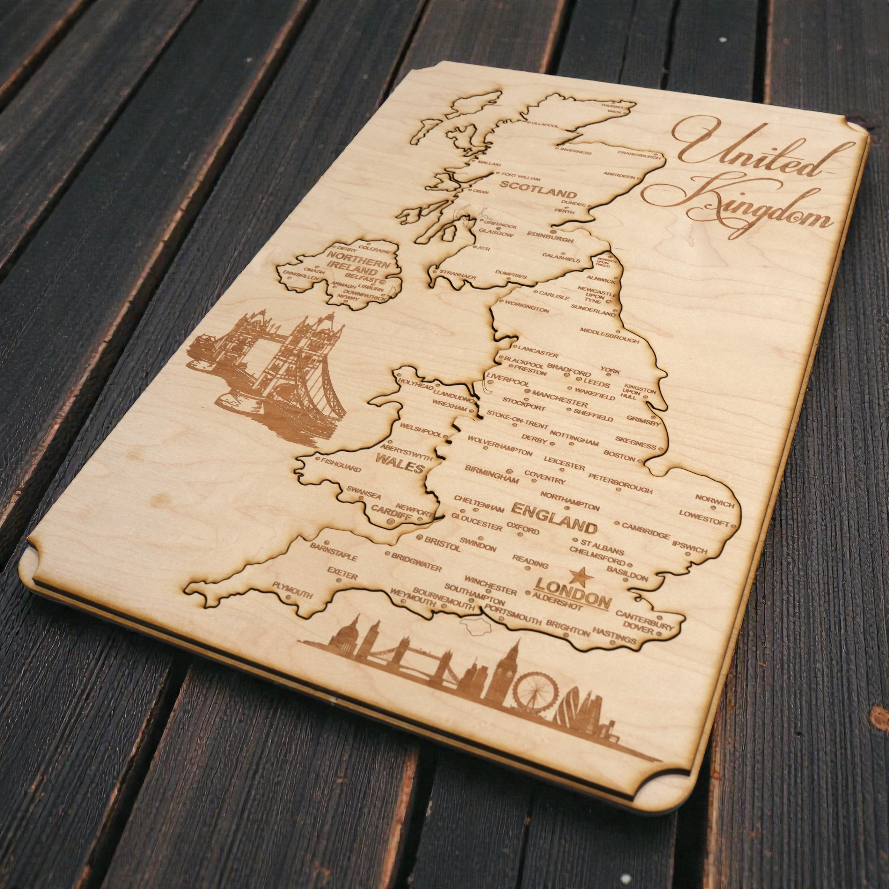 United Kingdom Puzzle Map - Art Kit - Raw Wood 12x18 Inches - 12 Pieces - With Stand