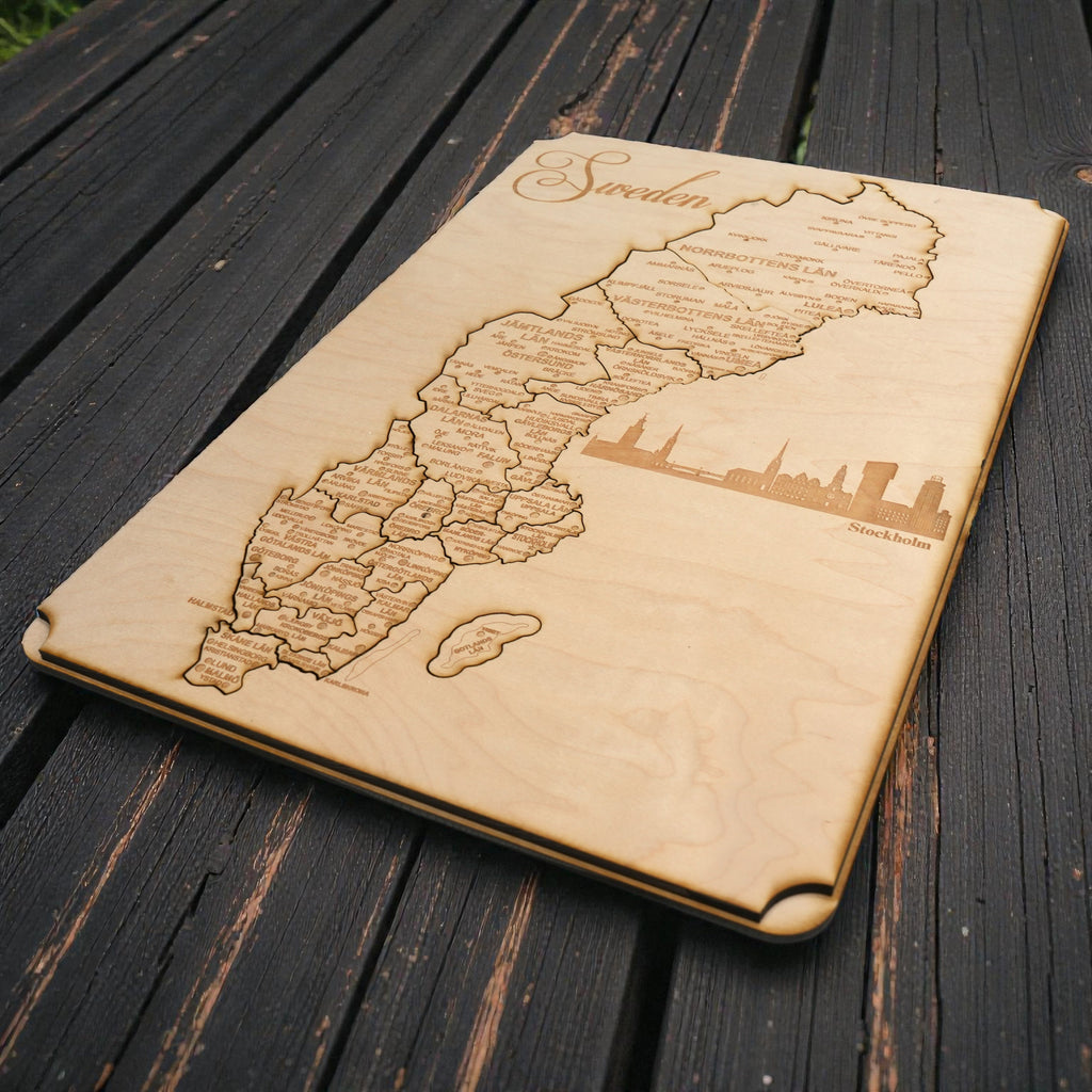 Sweden Puzzle Map - Art Kit - Raw Wood 12x18 Inches - 22 Pieces - With Stand