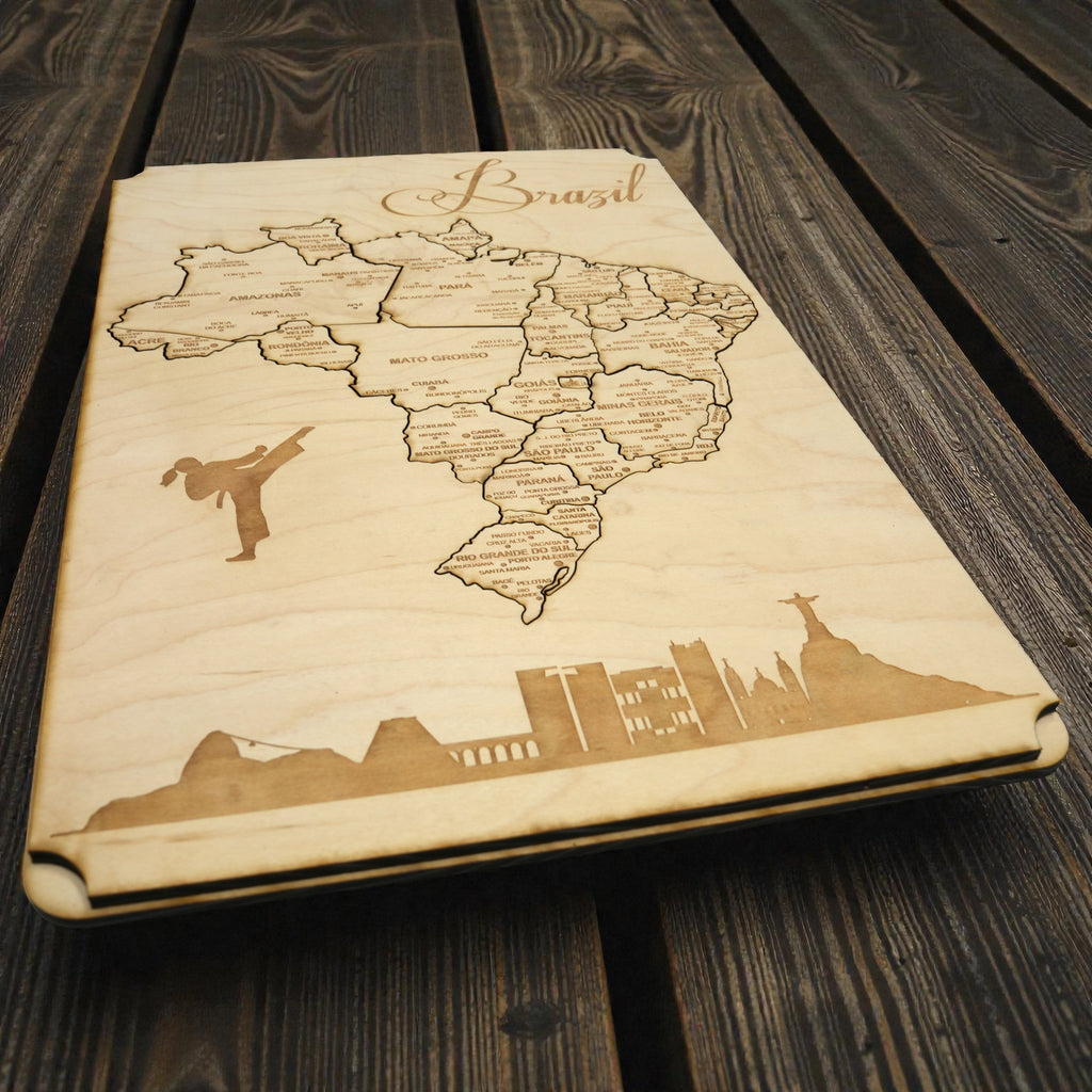 Brazil Puzzle Map - Art Kit - Raw Wood 12x18 Inches - 28 Pieces - With Stand
