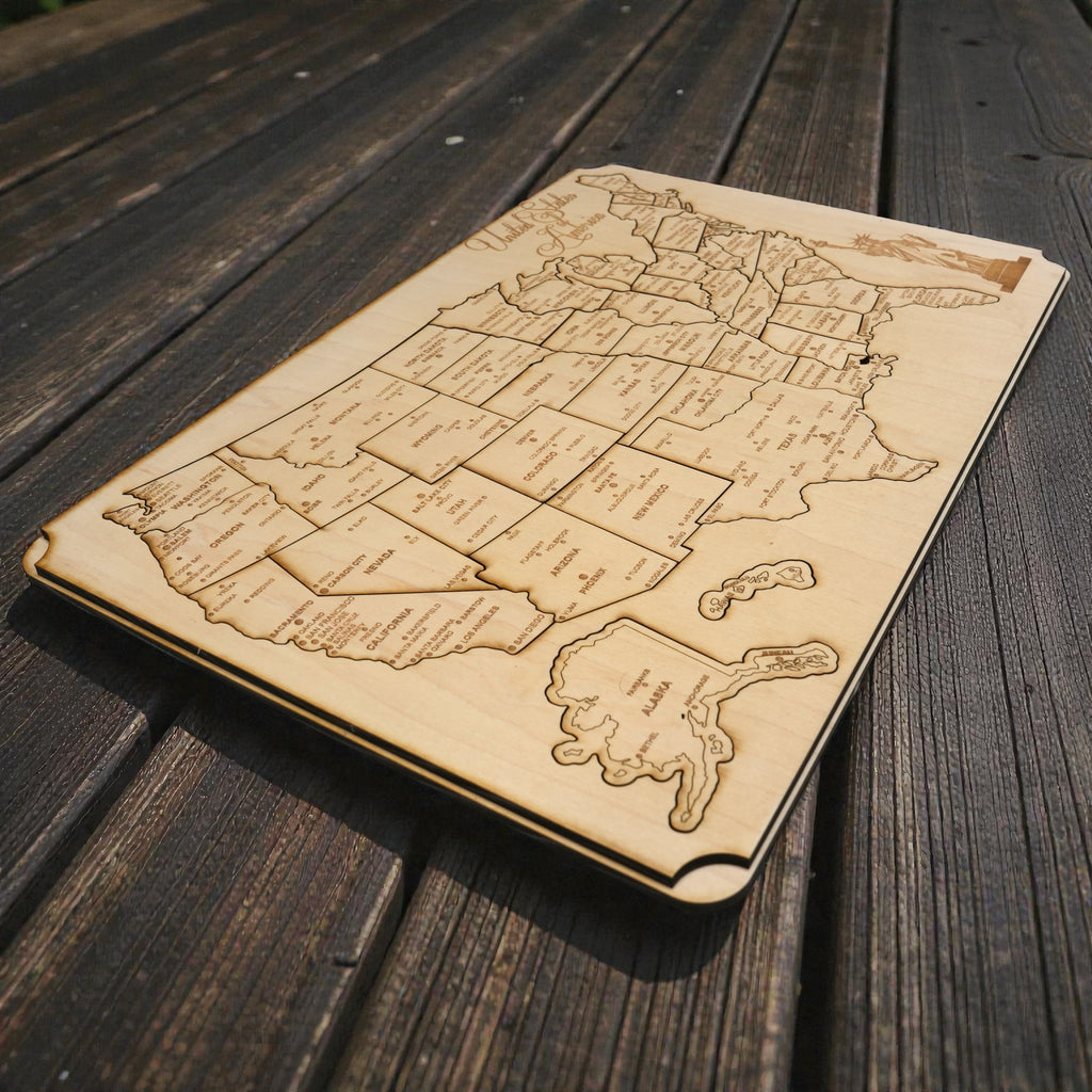 50 State WITH CITIES American Puzzle Map Liberty - Wood 12x18 Inches - 51 Pieces - With Stand