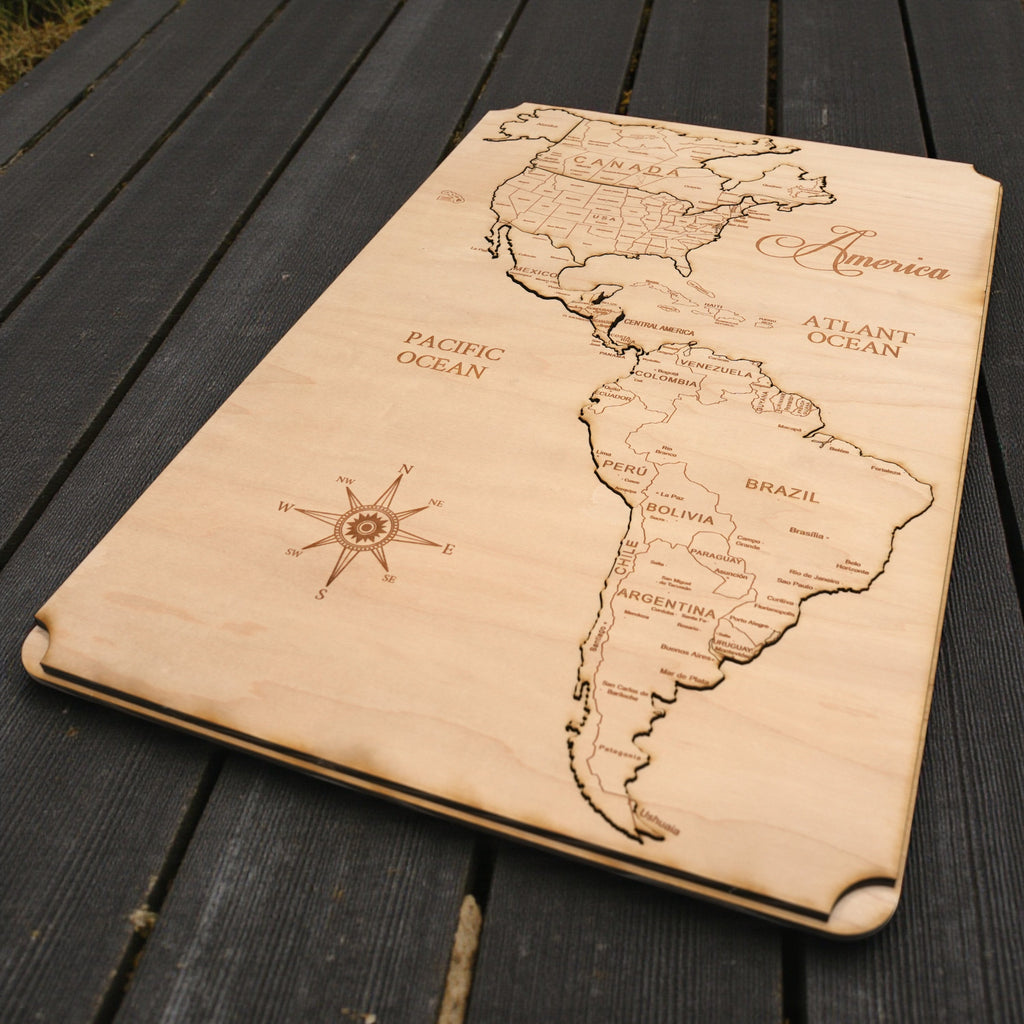 America North South and Central Puzzle Map - Art Kit - Raw Wood 12x18 Inches - 7 Pieces - With Stand