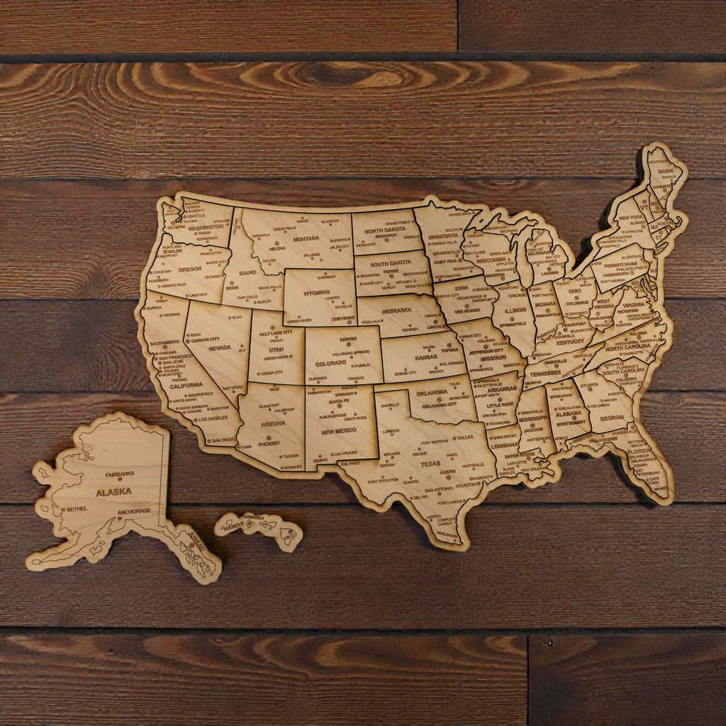Detailed 50 State map with cities Puzzle - 18x13 Inches - 52 Piece Wood